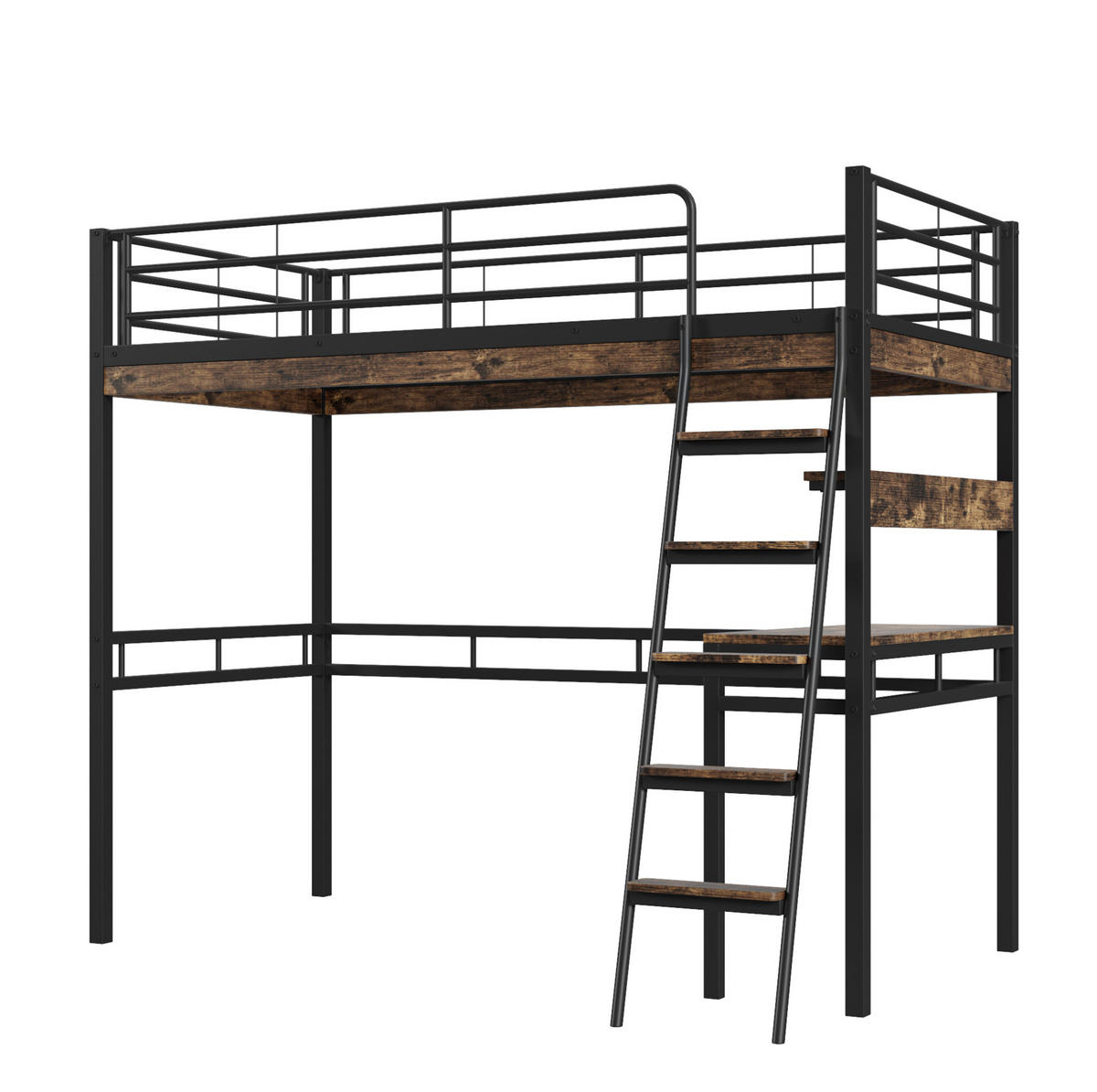 VYSOKÁ postel 90/200 cm černá s psacím stolem a policemi z kovu a MDF - černá, kov (90/200cm) - OKWISH