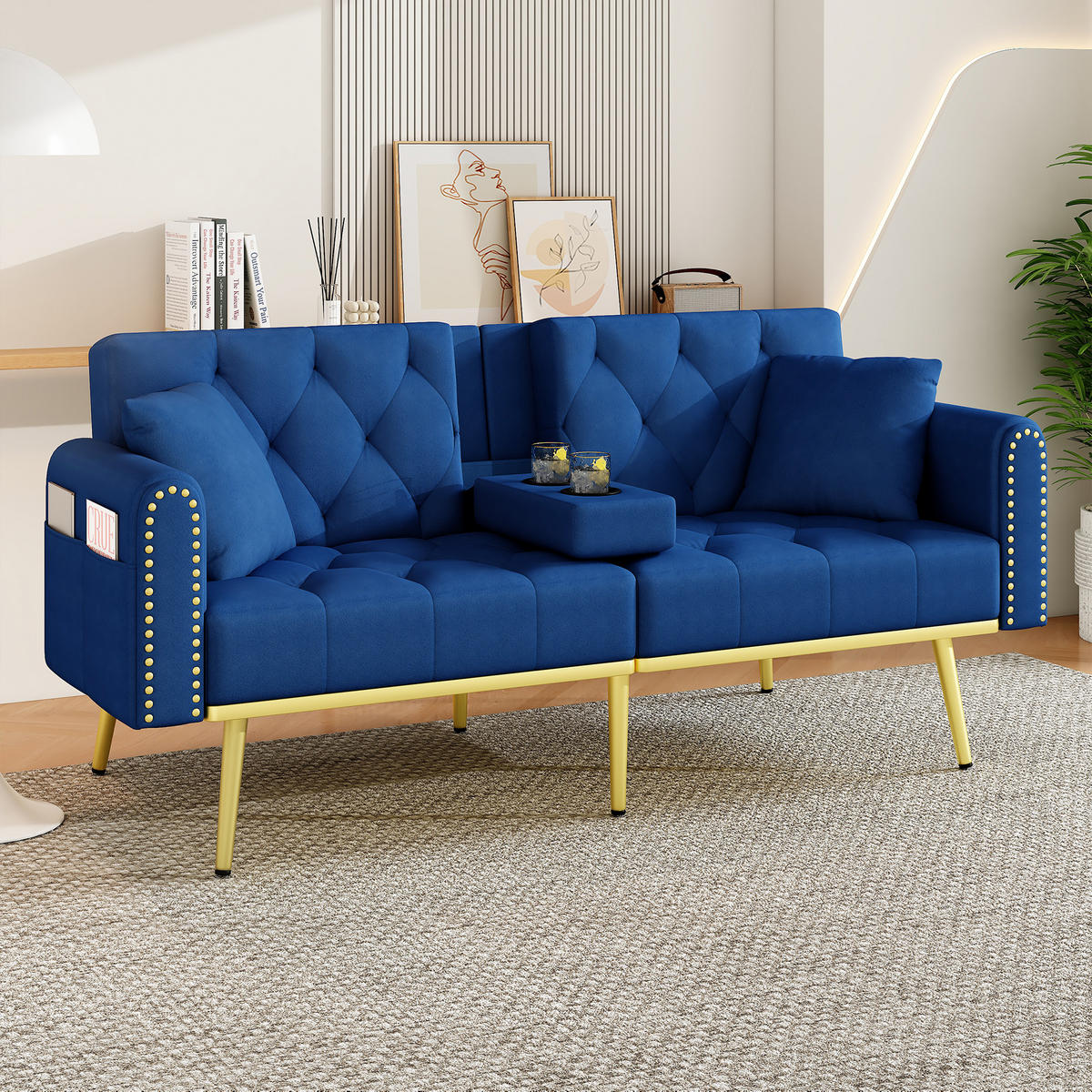 SCHLAFSOFA 175/80/73.5 cm Blau mit drei verstellbaren Neigungswinkeln und Getränkehalter - Blau, Textil (175/73.5/80cm) - Oxeza