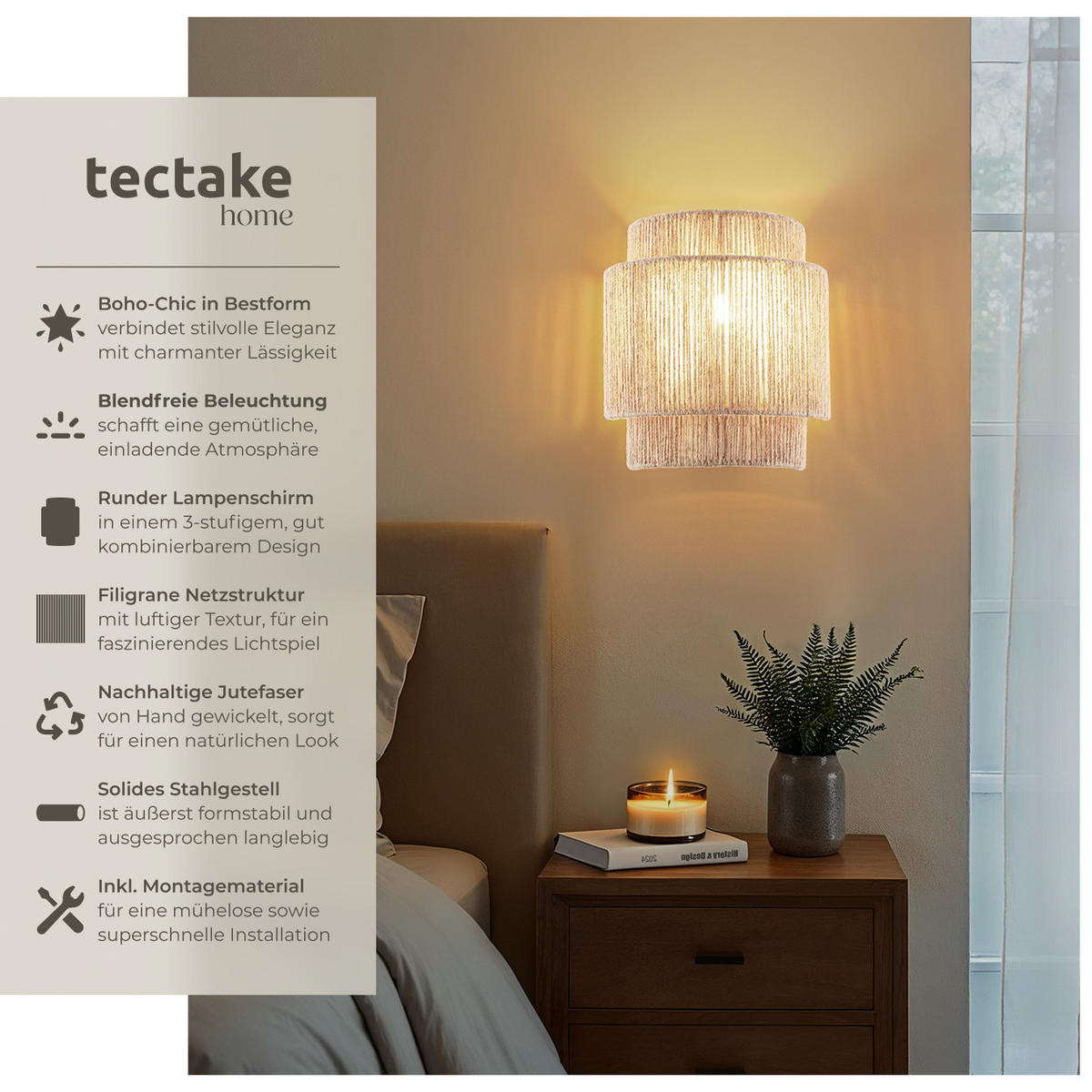 WANDLEUCHTE Lignea Lux aus Jute,23 x 12 x 25,5 cm,natur - Naturfarben, Metall (23/25.5/12cm) - tectake