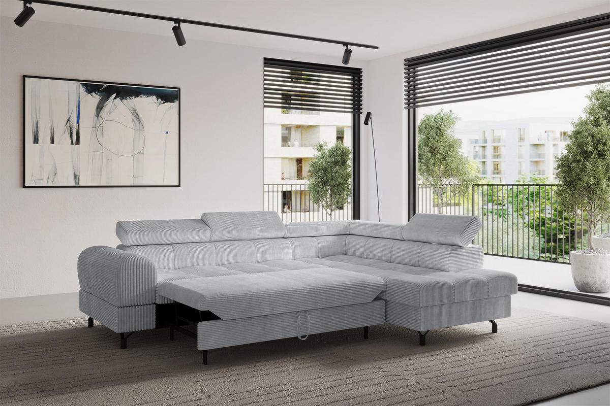 ECKSOFA mit Schlaffunktion Ottomane Rechts LUMA-L 272x203x70 Grau Cord - Schwarz/Grau, Holzwerkstoff/Kunststoff (203/272cm) - ALTDECOR