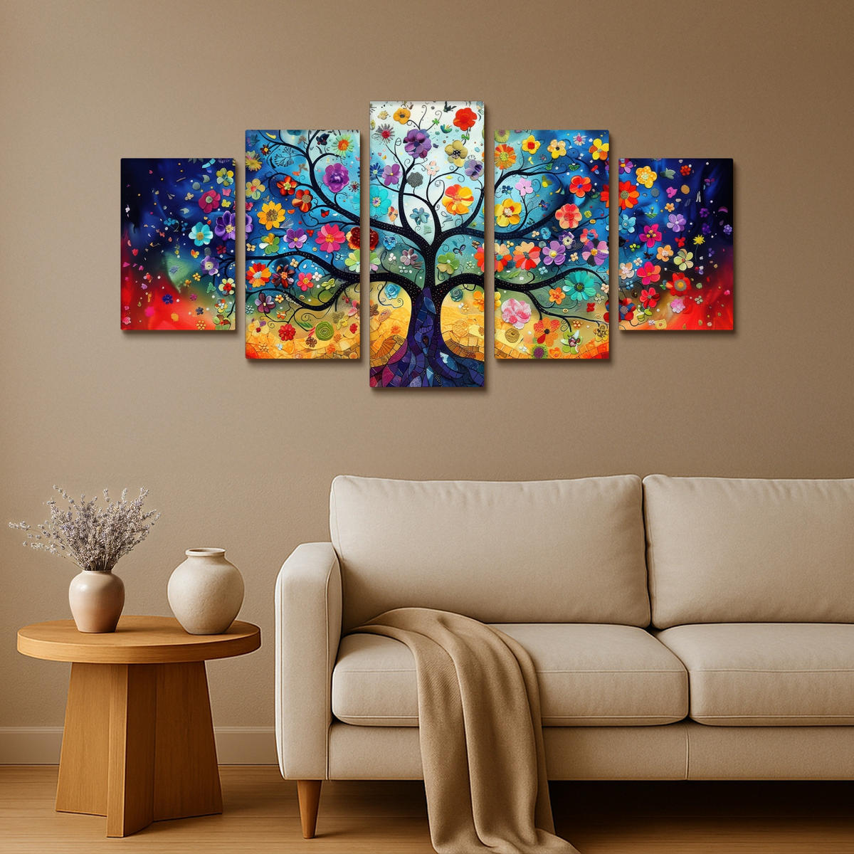 LEINWANDBILD 5er Set Bunt - Baum des Lebens - Blumen - Abstrakt 100x50 cm - Blau, Textil (100/50cm) - MuchoWow