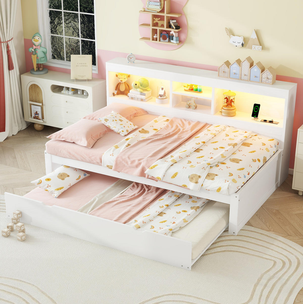 POLSTERBETT aus Spanplatte und MDF 90x200 cm in Weiß mit LED, USB & Ausziehbett - Weiß, Holzwerkstoff (90/200cm) - Modfu
