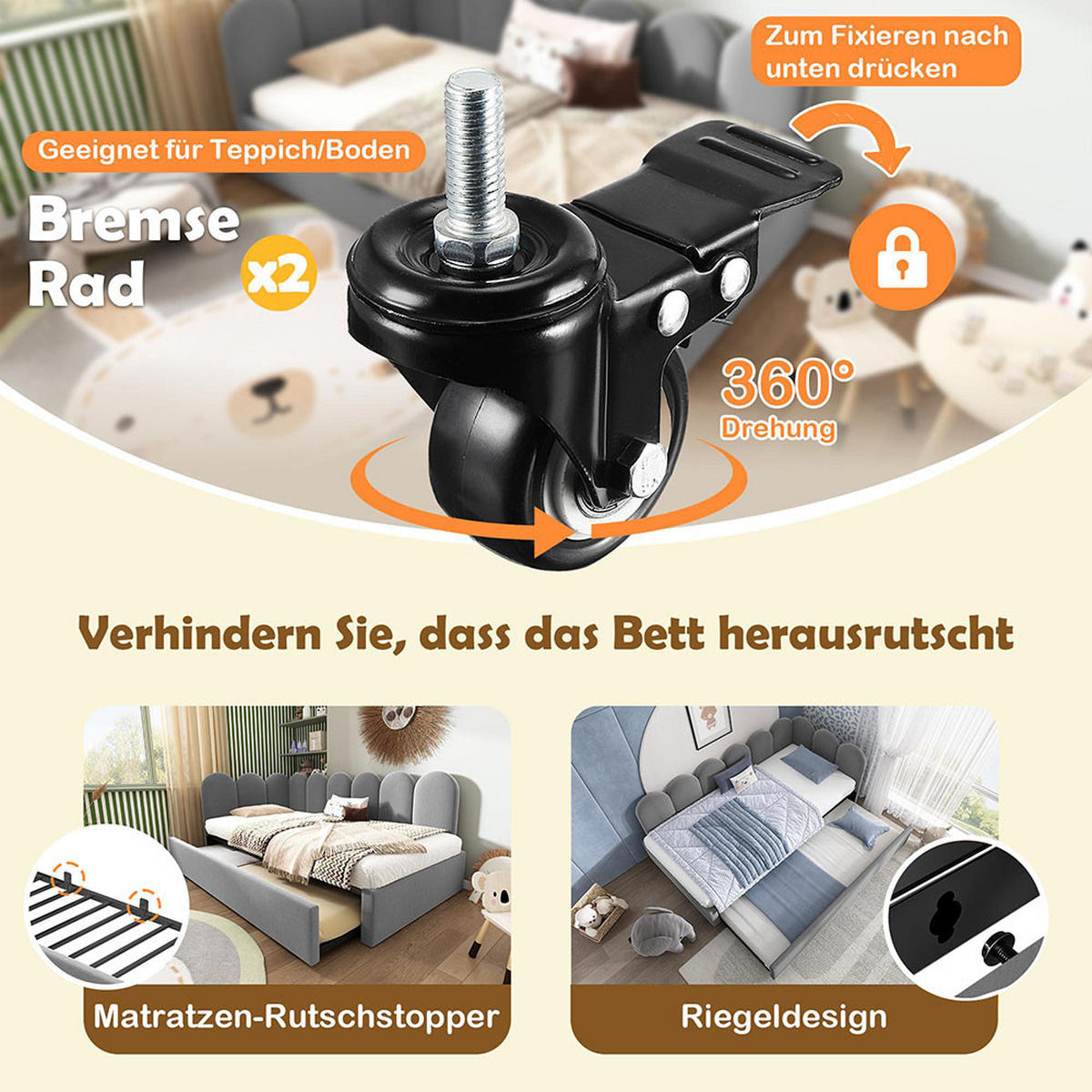 KINDERBETT 90x200 cm mit Ausziehbett，Grau（ohne Matratze） - Grau, Textil/Metall (90/200cm) - KOMHTOM