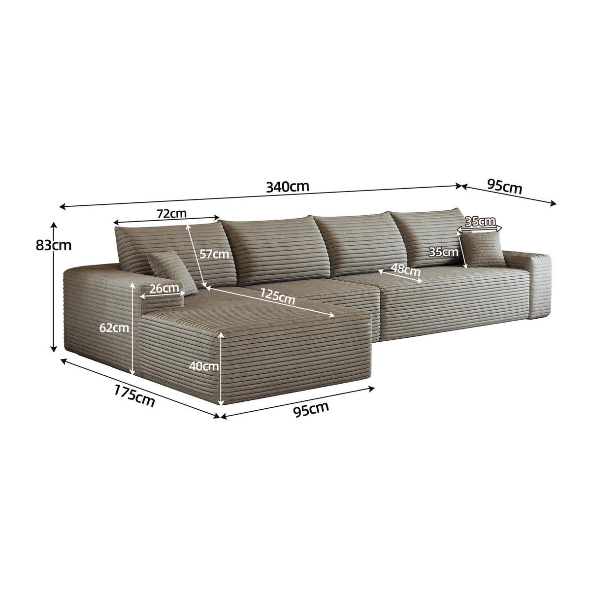 ECKSOFA 340/175/83 cm in Camel aus Cord mit hoher Komfortsitzfläche - Haselnussfarben, Textil (175/340cm) - Flora Grace
