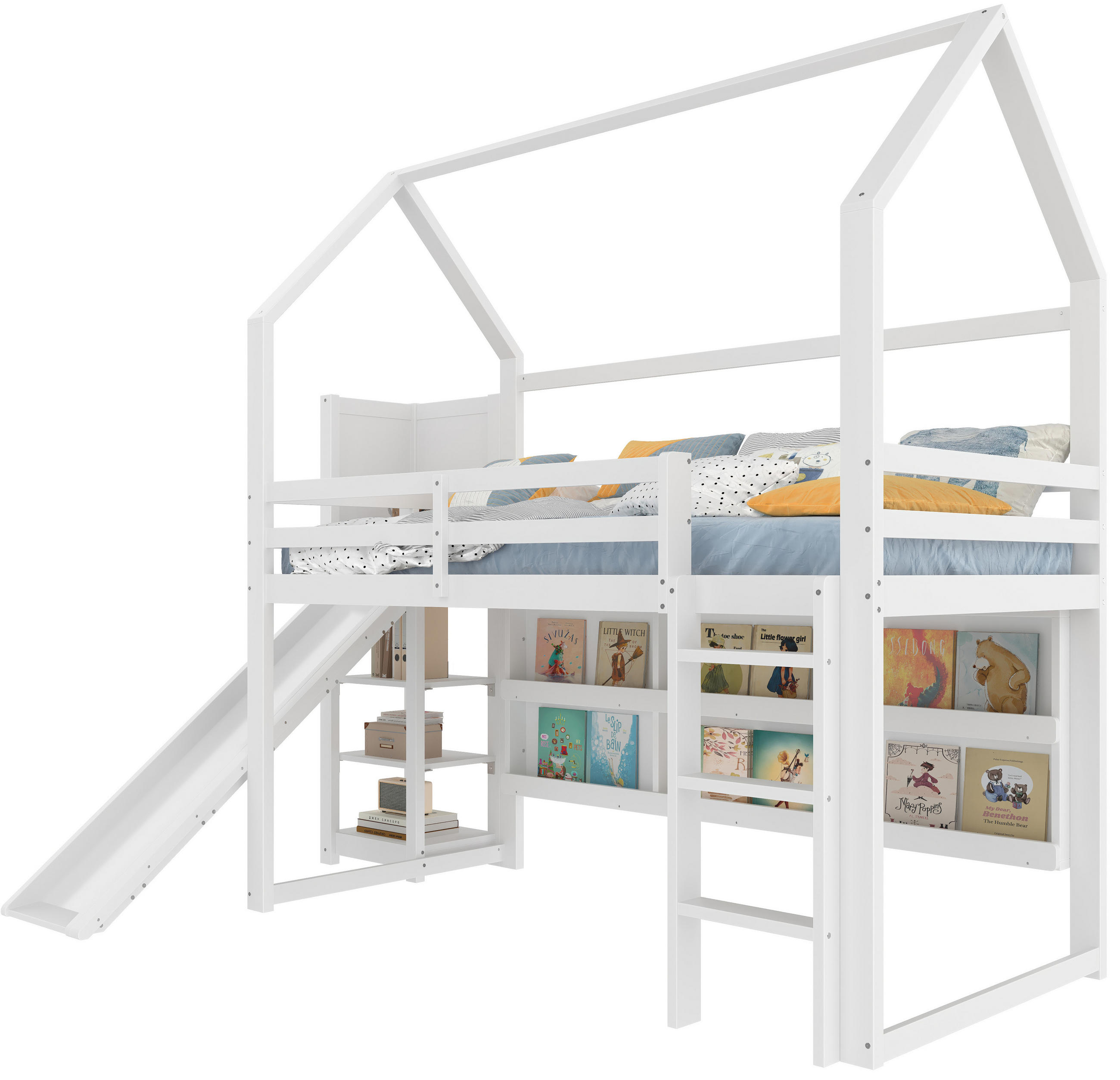 HOCHBETT 90/200 cm in Weiß mit Rutsche, Regal und LED im Haus-Design - Weiß, Holz (90/200cm) - STILVORA
