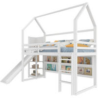 HOCHBETT 90/200 cm in Weiß mit Rutsche, Regal und LED im Haus-Design - Weiß, Holz (90/200cm) - STILVORA