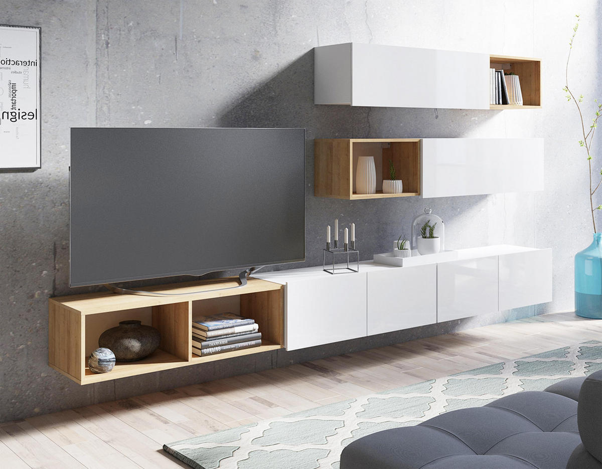 WOHNWAND Kossana 25 Modern Weiß/Goldene Eiche 300/104/43 cm Designmöbel - Weiß, Holzwerkstoff/Kunststoff (300/105/43cm) - AX Living
