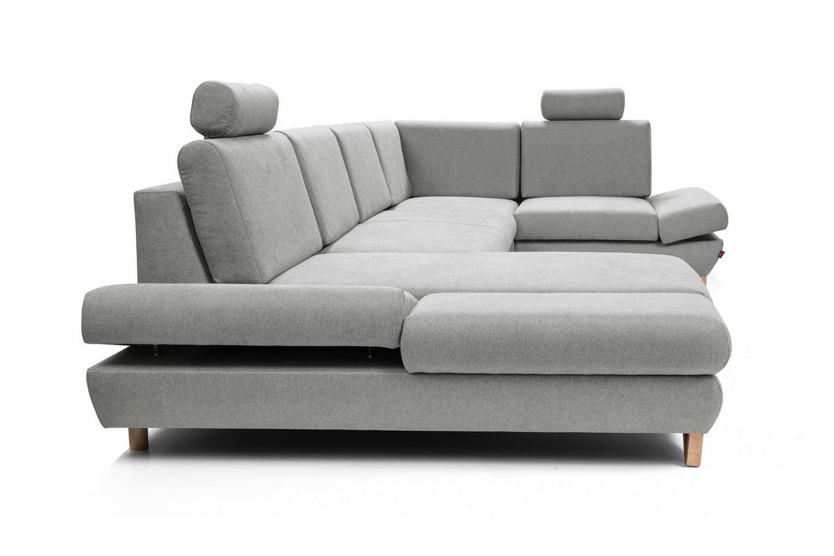 WOHNLANDSCHAFT CASA IV R-S Grau Plüsch-Stoff mit Schlaffunktion - Grau, Holz (344/100/199cm) - MASSENO