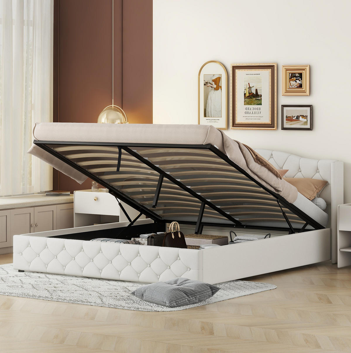 ČALÚNENÁ posteľ 180/200 cm béžová s hydraulickým úložným priestorom z ľanu - béžová, textil (180/200cm) - OKWISH