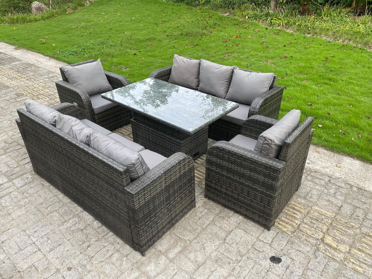 GARTENSOFA Hohe Rückenlehne Polyrattan 8-Sitzer - Dunkelgrau/Grau, Glas/Kunststoff - Fimous