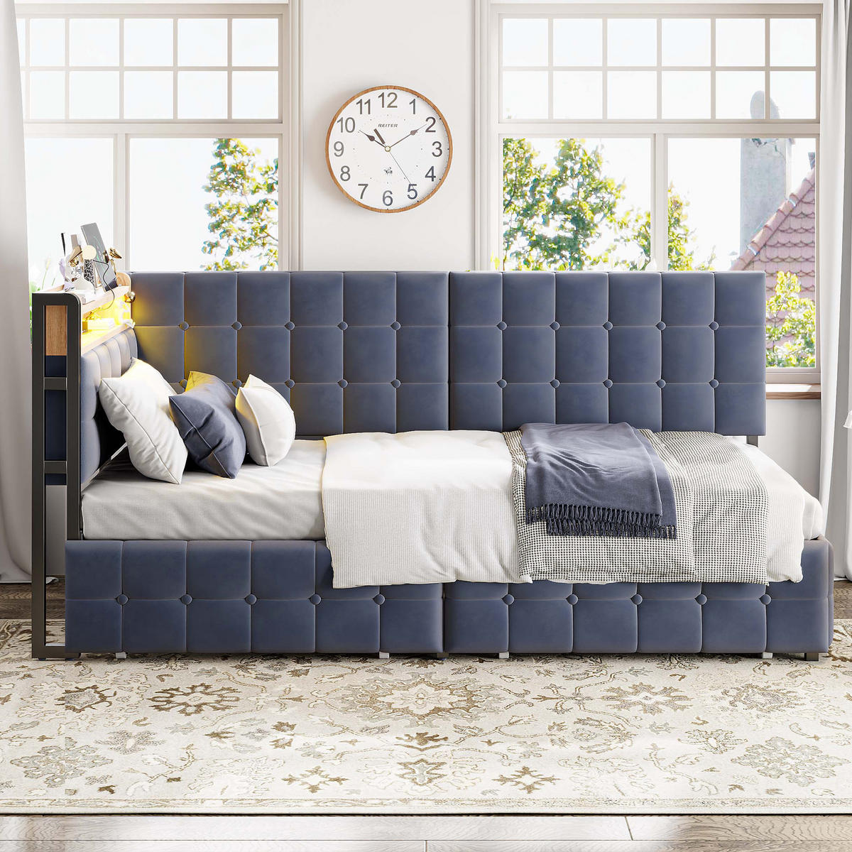 POLSTERBETT 90x200 cm mit 2 Schubladen in Dunkelgrau - Dunkelgrau, Textil (90/200cm) - KOMHTOM