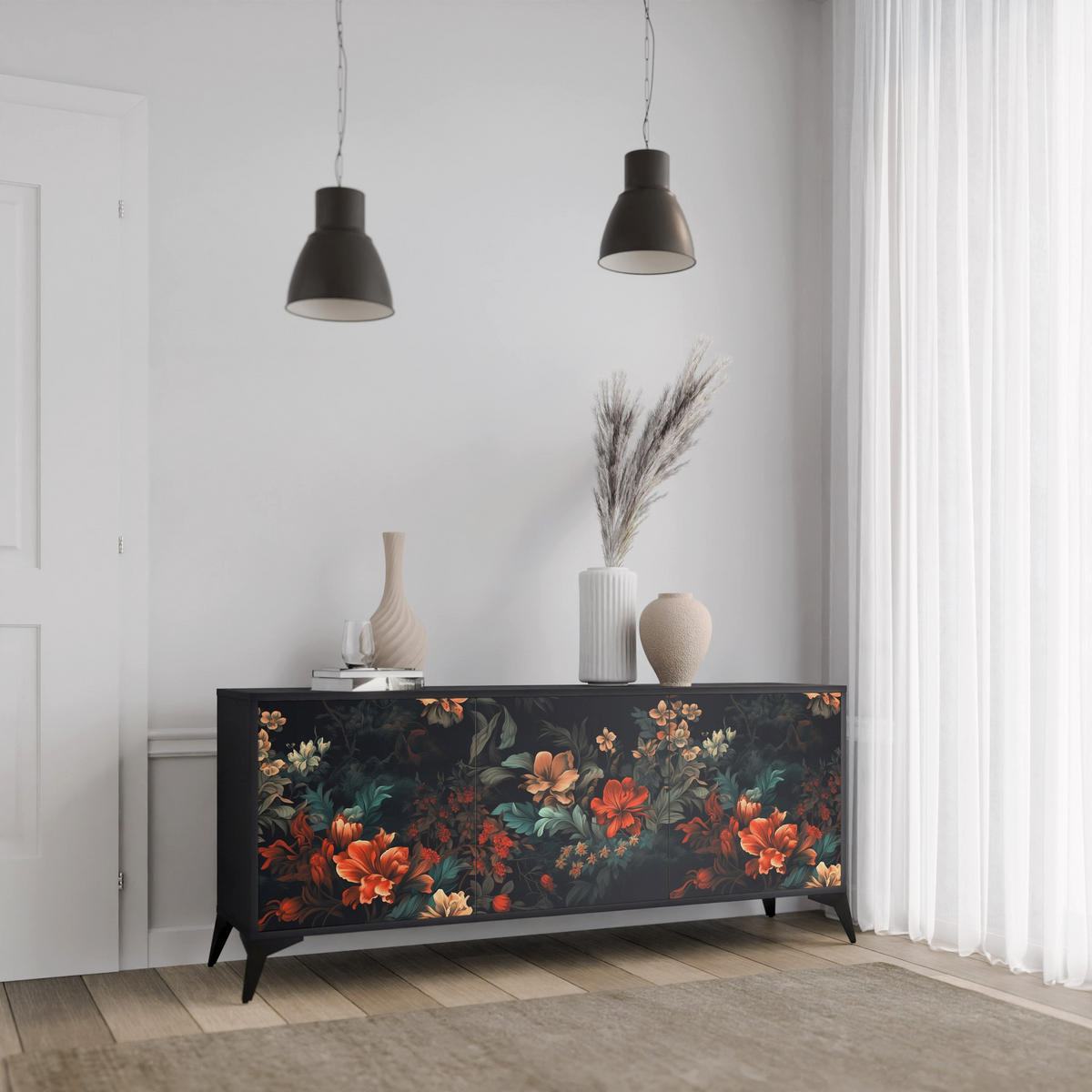 SIDEBOARD IMAGINARY BLOSSOM, Eicheneffekt, 164,5x42x77,5 cm, 3 Türen - Eichefarben/Buchefarben, Holzwerkstoff/Buchenholz (164.5/77.5/42cm) - SpaceRebels