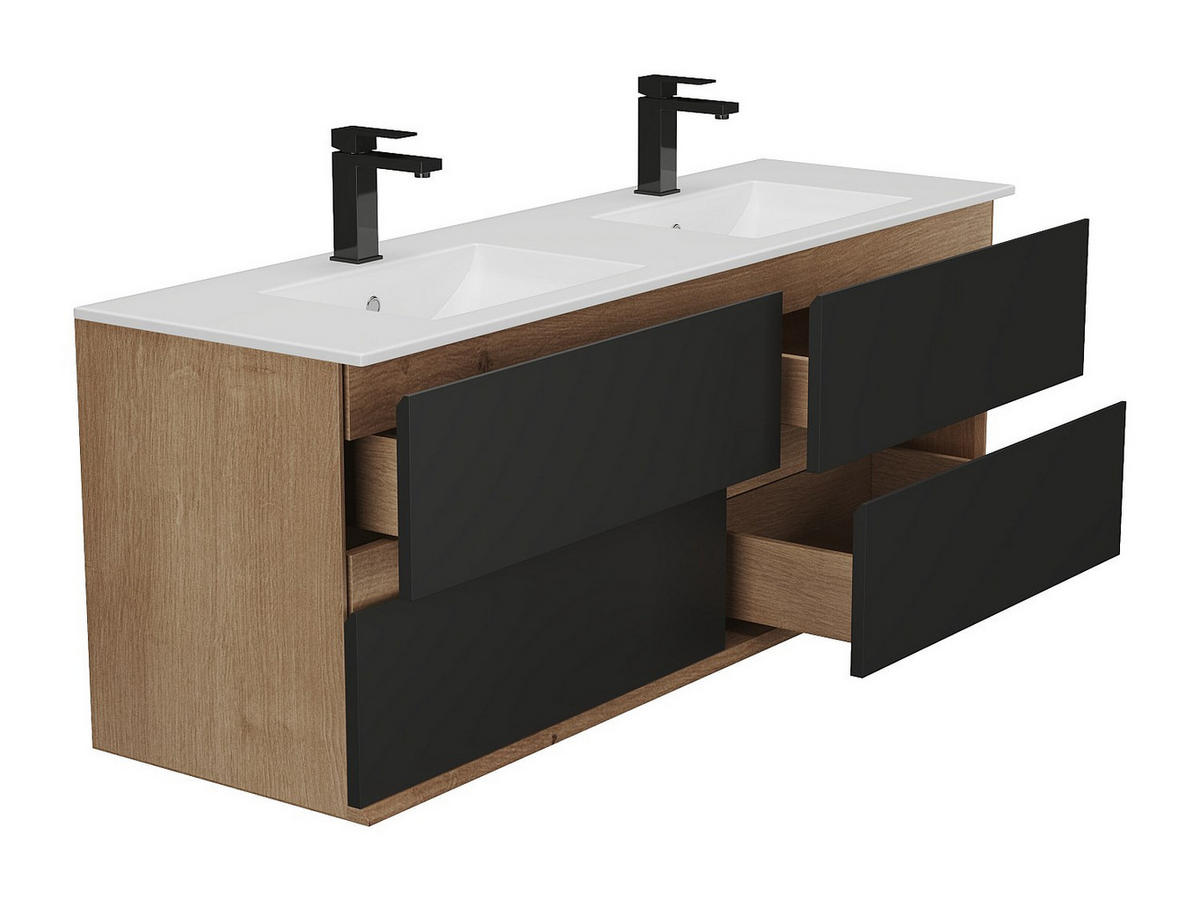DOPPELWASCHTISCH - 150 cm x 45.5 cm - holz - schwarz, naturfarben hell Saburi - Weiß, Holz (150/55/45.5cm) - Vente-Unique