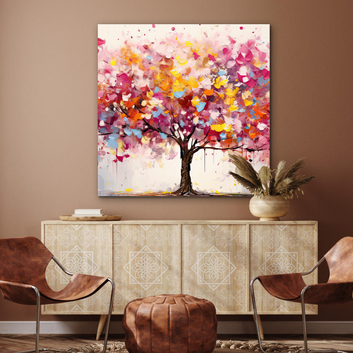 KOVOVÝ OBRAZ Akvarel - Strom - Umenie - Abstraktné 90x90 cm - viacfarebná, kov (90/90cm) - MuchoWow