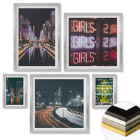 WANDBILDER 5er Set - 50x50 cm & 20x30 cm & 40x60 cm Silberner Rahmen - Neonreklamen in der Stadt bei Nacht - Silberfarben, Kunststoff (40/60cm) - ArtPrintCave