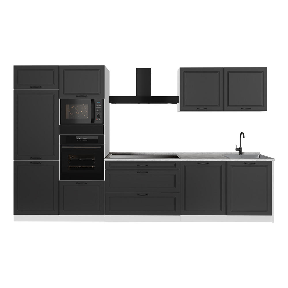 KÜCHENZEILE R-Line, Anthrazit Landhaus/Weiß, 340 cm Arbeitsplatte Marmor - Anthrazit/Weiß, Holzwerkstoff (340/206.8/60cm) - Vicco