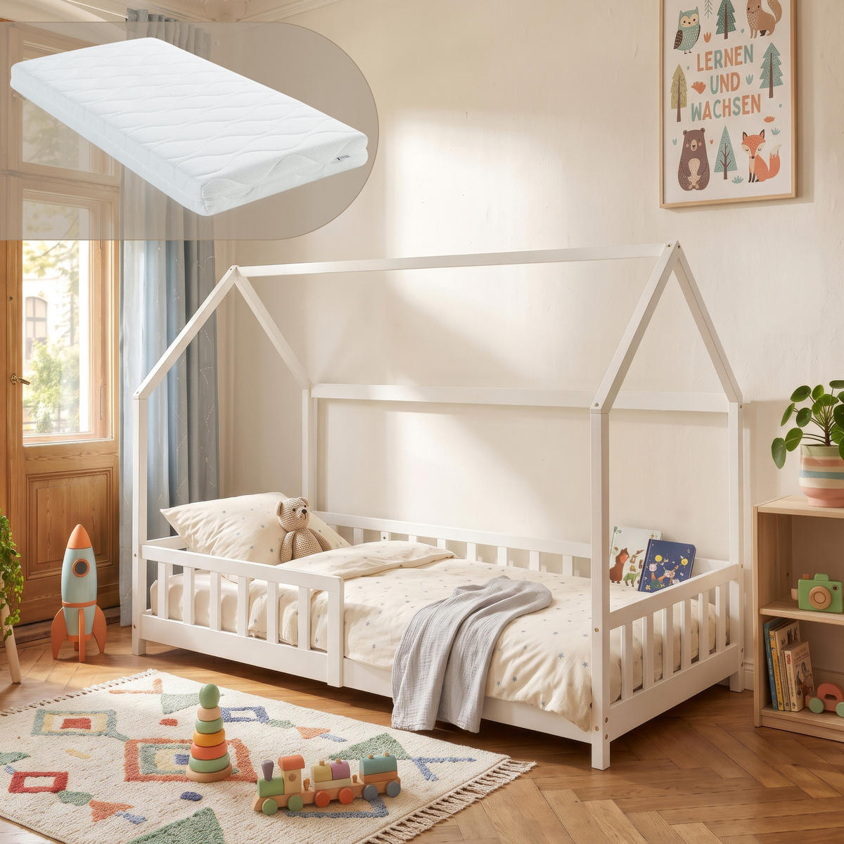 HAUSBETT Hesel mit Matratze - Weiß, Holz/Textil (90/200cm) - [en.casa]