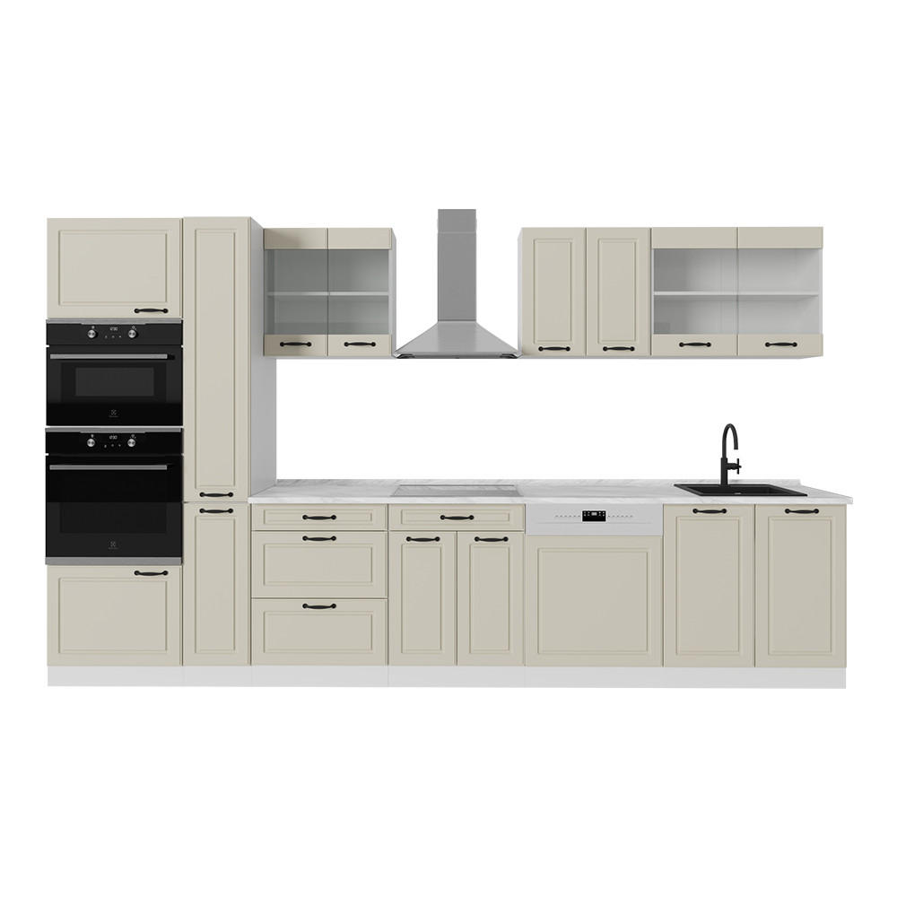 KÜCHENZEILE R-Line, Sand Landhaus/Weiß, 350 cm Arbeitsplatte Marmor - Beige/Weiß, Holzwerkstoff (350/206.8/60cm) - Vicco