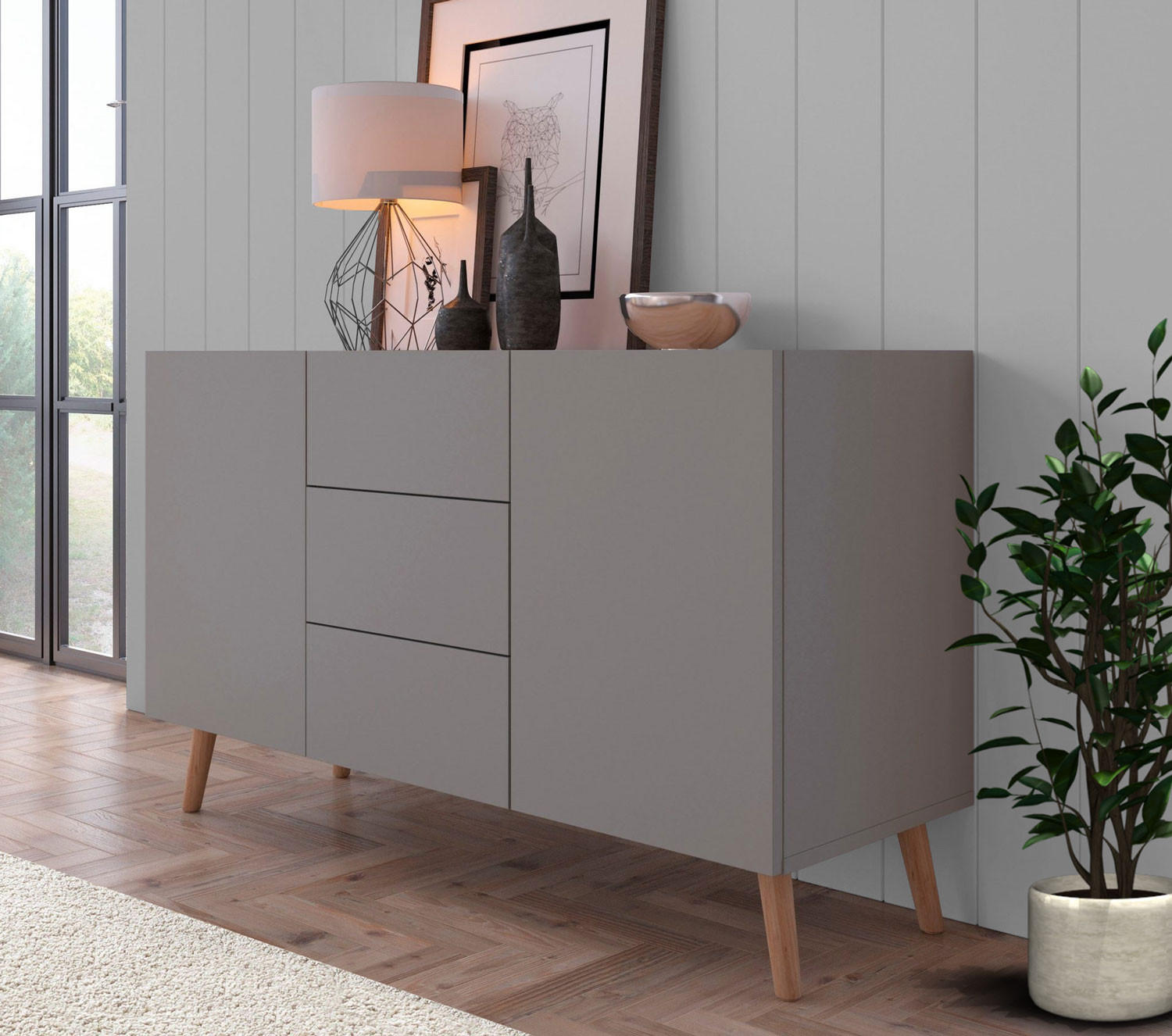 KOMMODE Scandi platingrau / Jackson Hickory 120 / 42 / 78cm - Eichefarben/Grau, Holz/Holzwerkstoff (120/78/42cm) - Feldmann-Wohnen