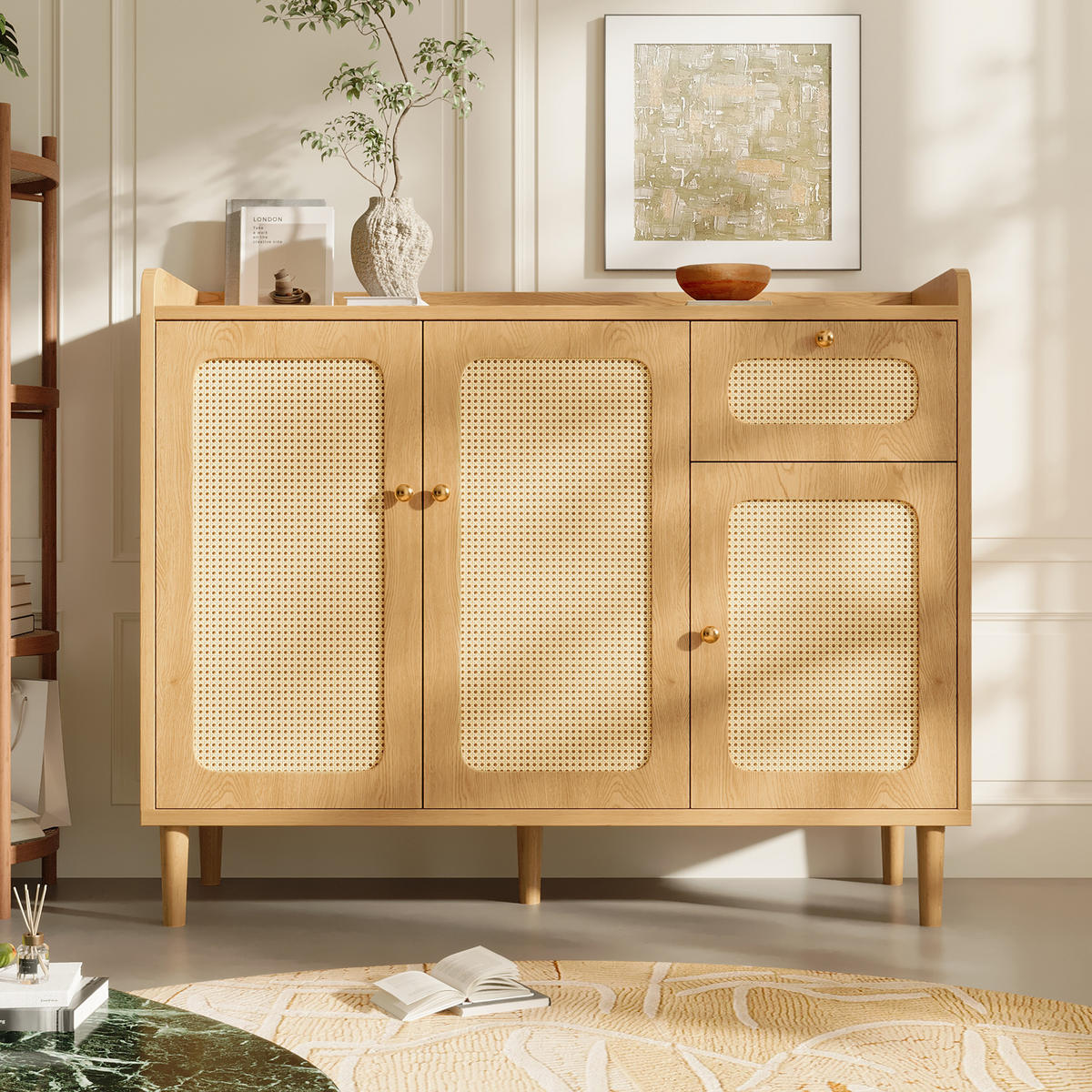 SIDEBOARD 120x40x91 cm Eiche mit Rattan und 3 Türen - Eichefarben, Holz (120/91/40cm) - FLIEKS