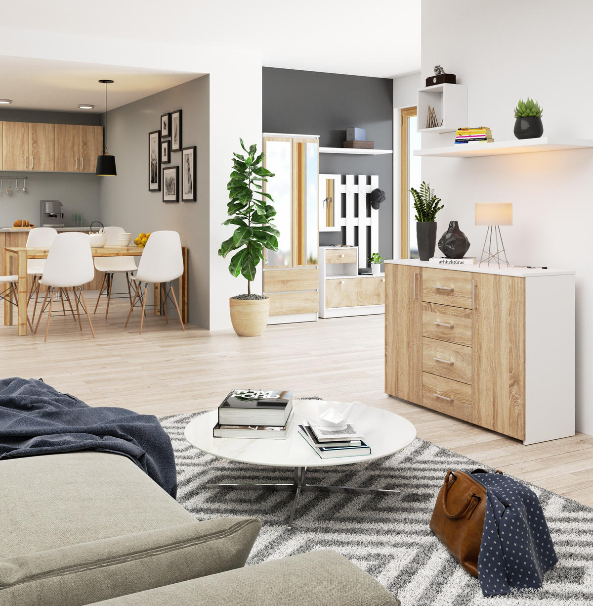 KOMMODE Weiß, Sonoma Eiche 110x35x80 cm - Silberfarben/Weiß, Holzwerkstoff/Kunststoff (110/80/35cm) - Akord