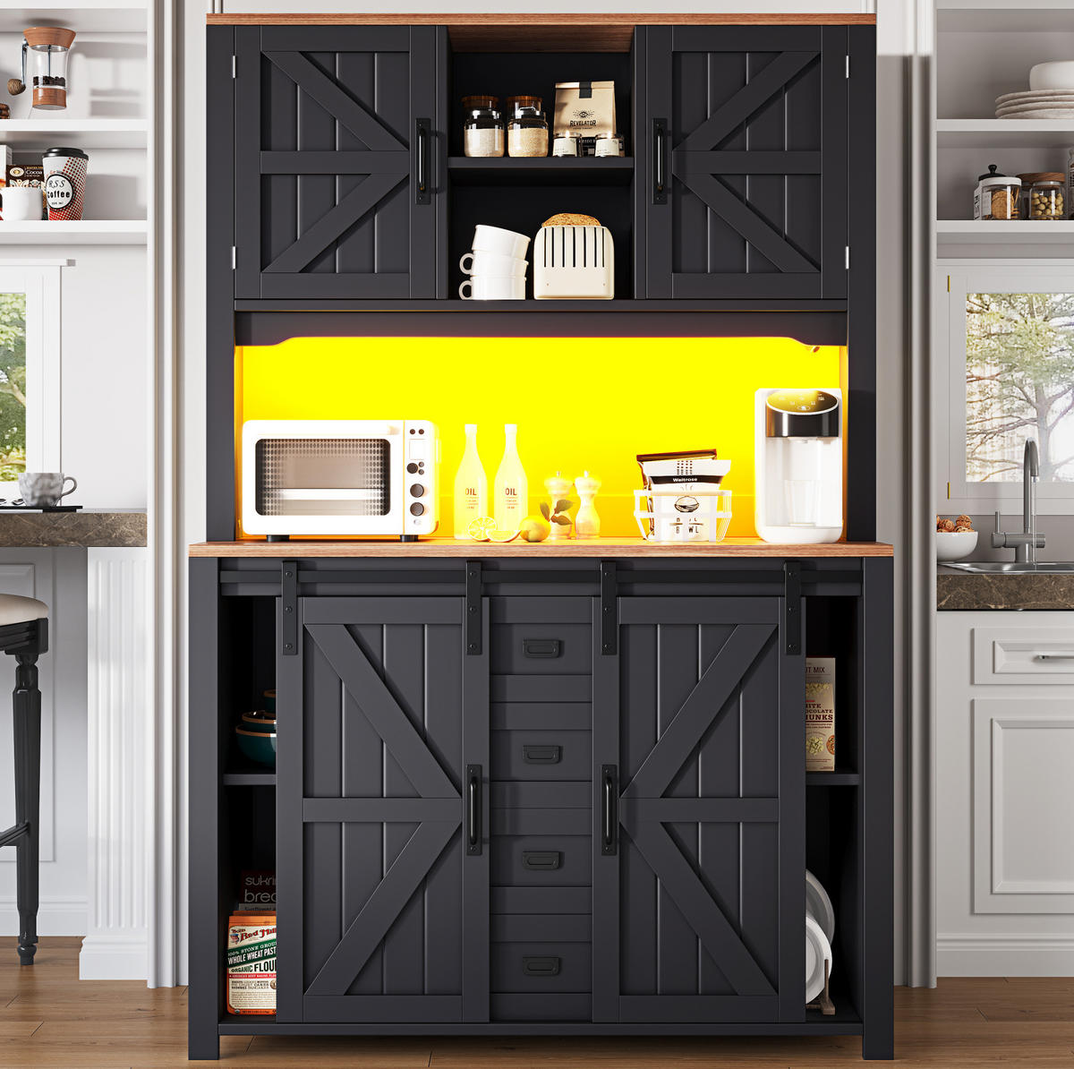 BUFFET 115/40/174,7 cm aus MDF und Metall mit LED-Beleuchtung Schwarz - Schwarz, Holzwerkstoff (115/174.7/40cm) - Modenvie