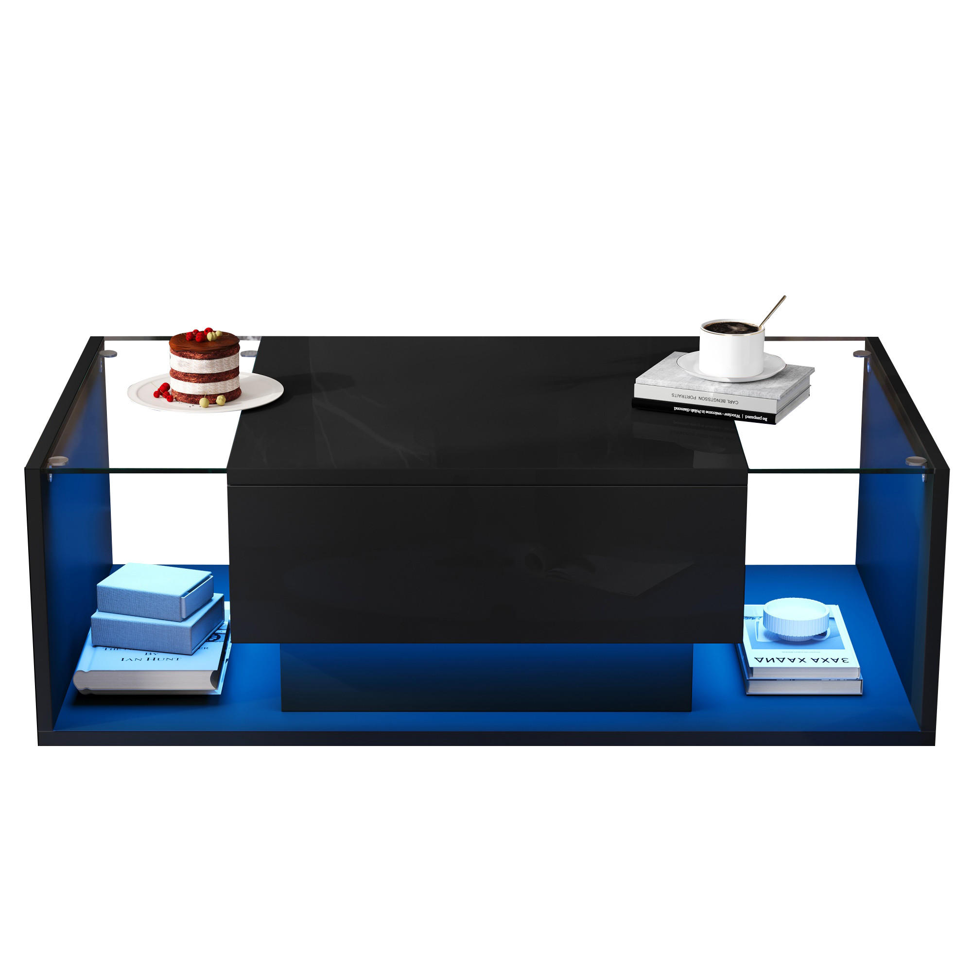 COUCHTISCH in Schwarz Kaffeetisch mit 1 Schublade und LED-Lichtleiste für Wohnzimmer, B100/T50/H31cm - Schwarz, Glas/Holzwerkstoff (50/100/31cm) - STILVORA