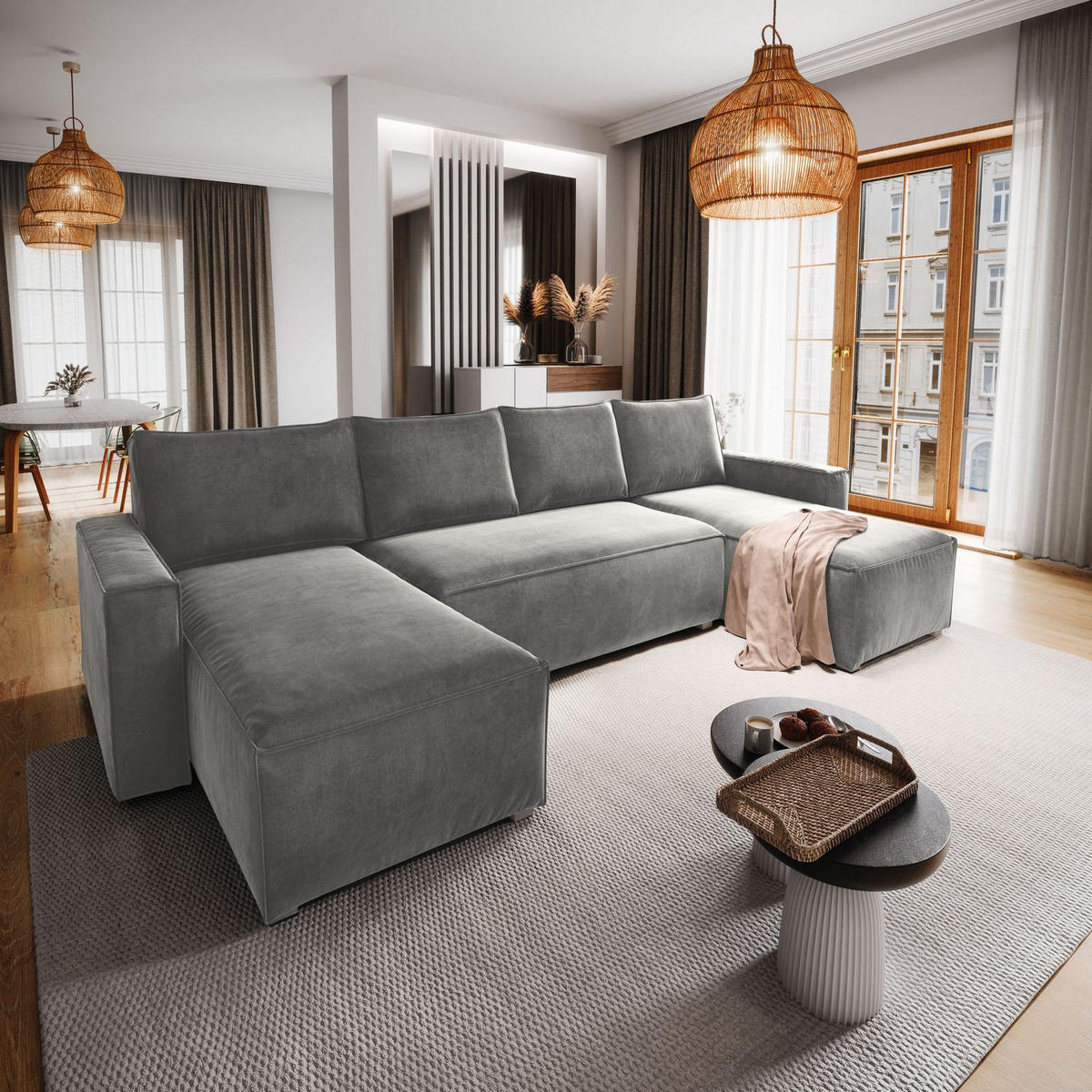 WOHNLANDSCHAFT DENI Hellgrau Velours-Stoff mit Schlaffunktion - Hellgrau, Holz (295/85/140cm) - MASSENO