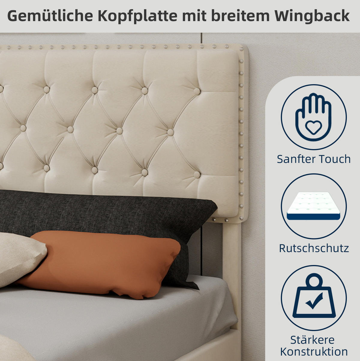 POLSTERBETT 160/200 cm aus Stoff und Metall mit hohem Kopfteil und Stauraum, Beige - Beige, Textil (160/200cm) - Redom