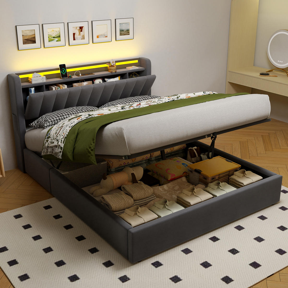 POLSTERBETT 160x200 cm Gepolstert mit Integrierter LED und USB - Grau, Textil (160/200cm) - Modenvie