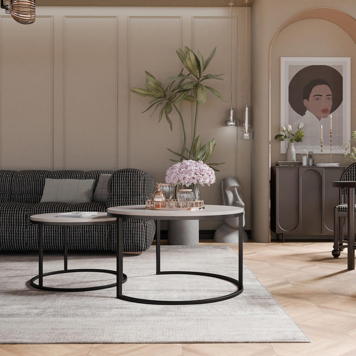 LAVO Couchtisch rund 2-in-1, Kaschmir - Kaschmir/Schwarz, Metall (70/70/48cm) - Idohome