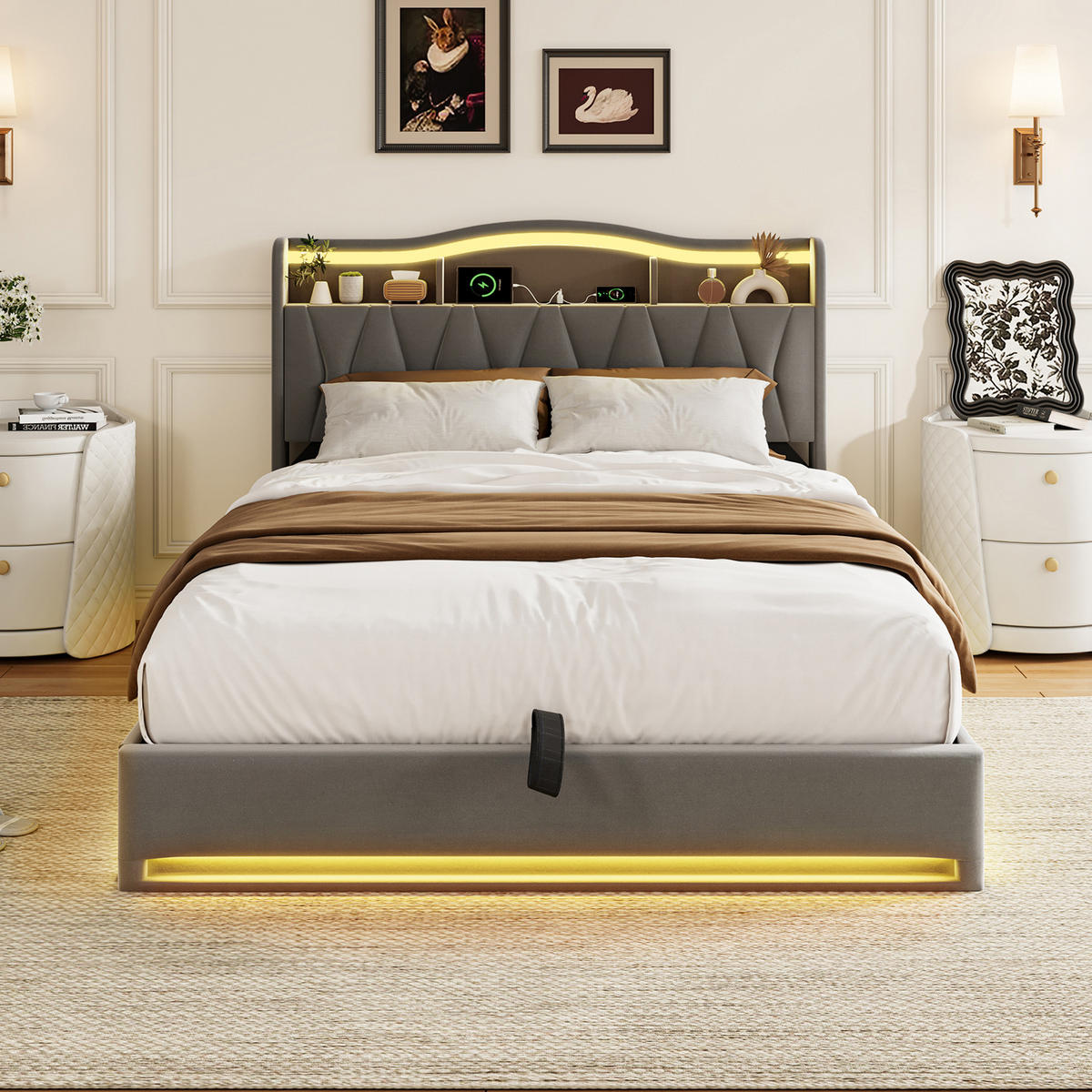 POLSTERBETT 160/200 cm grau mit Stauraum, LED und USB - Grau, Holz - SHOPENTRA