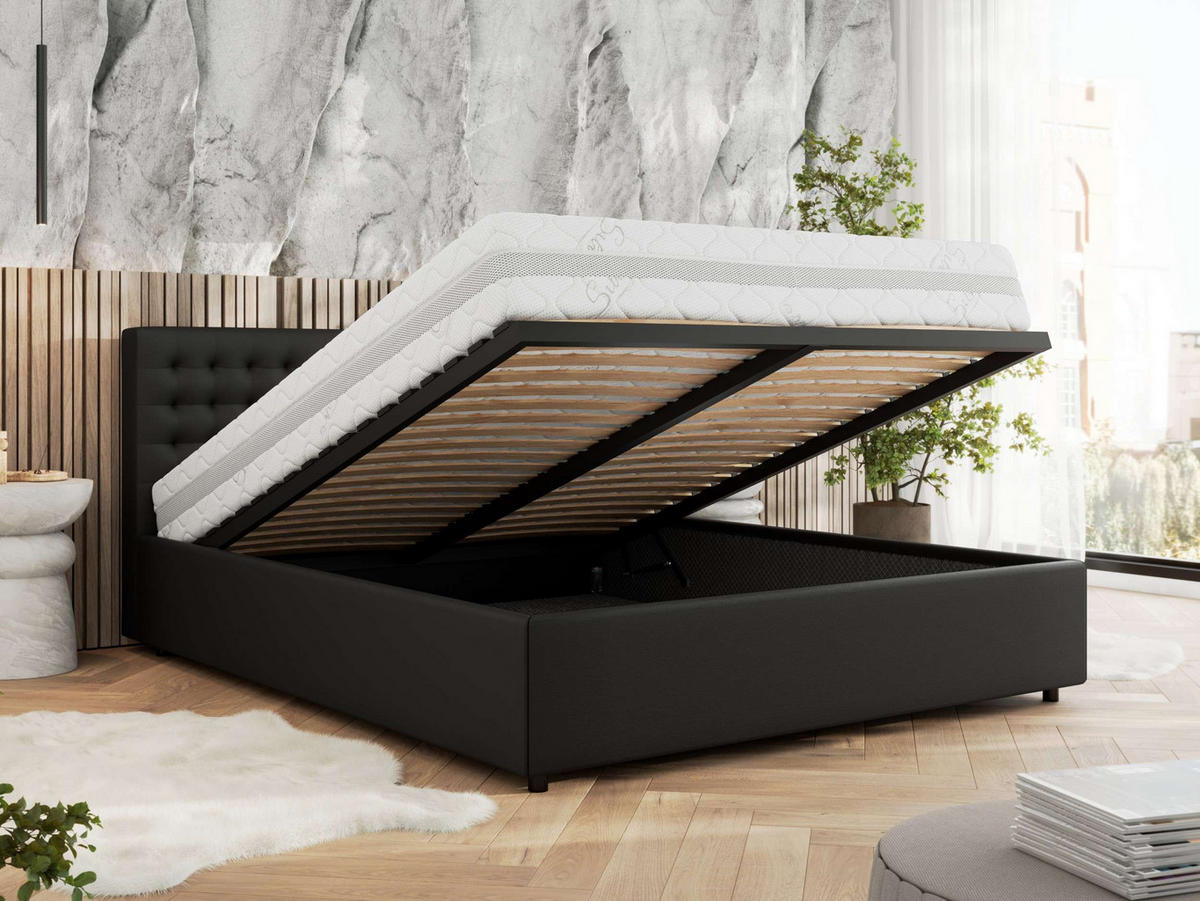 POLSTERBETT PAVO CLASSIC 140/200 - Schwarz Kunstleder - Pocket-Matratze - Schwarz, Textil (140/200cm) - MKS