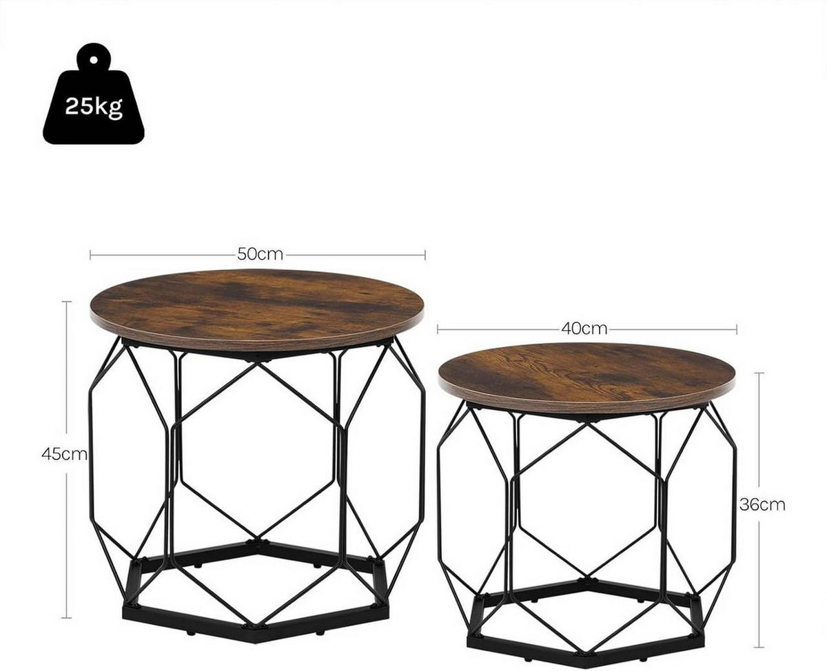 COUCHTISCH 2er Set, rund, Rustikales Braun - Dunkelbraun/Schwarz, Holzwerkstoff/Metall (50/50/45cm) - Woltu