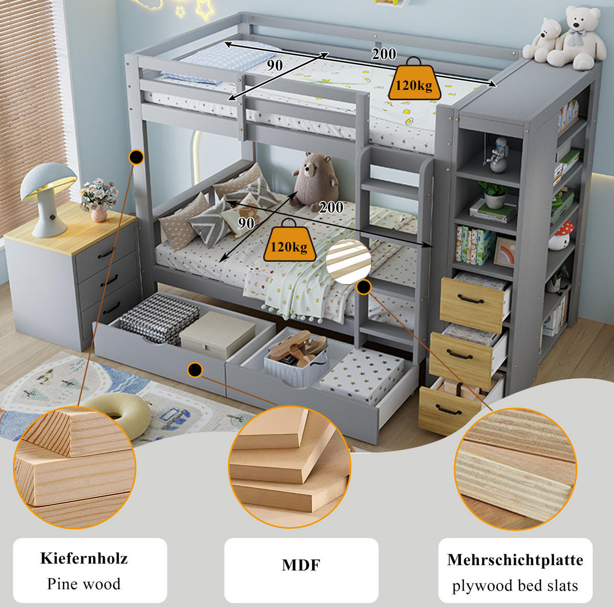 ETAGENBETT aus Massivholz, Sperrholz, Spanplatte und MDF 90x200 cm Hellgrau mit Stauraum, Leiter und Nachtkommode - Hellgrau, Holz (90/200cm) - Modfu