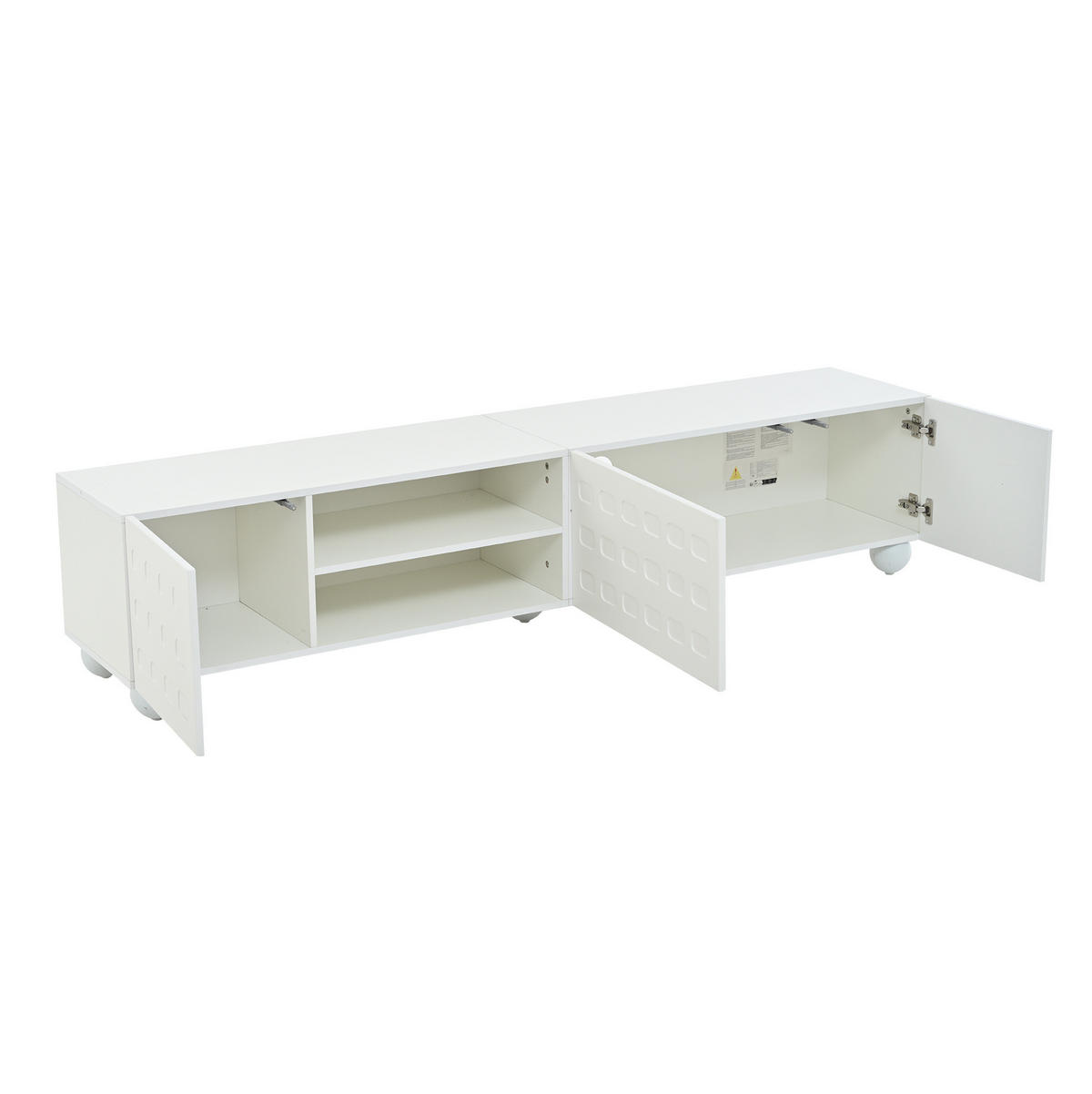 TV-LOWBOARD aus Spanplatte 200x40x44 cm Weiß mit 3 Türen, 2 halboffenen Ablagen und bedruckter Front - Weiß, Holzwerkstoff (200/44/40cm) - Modfu