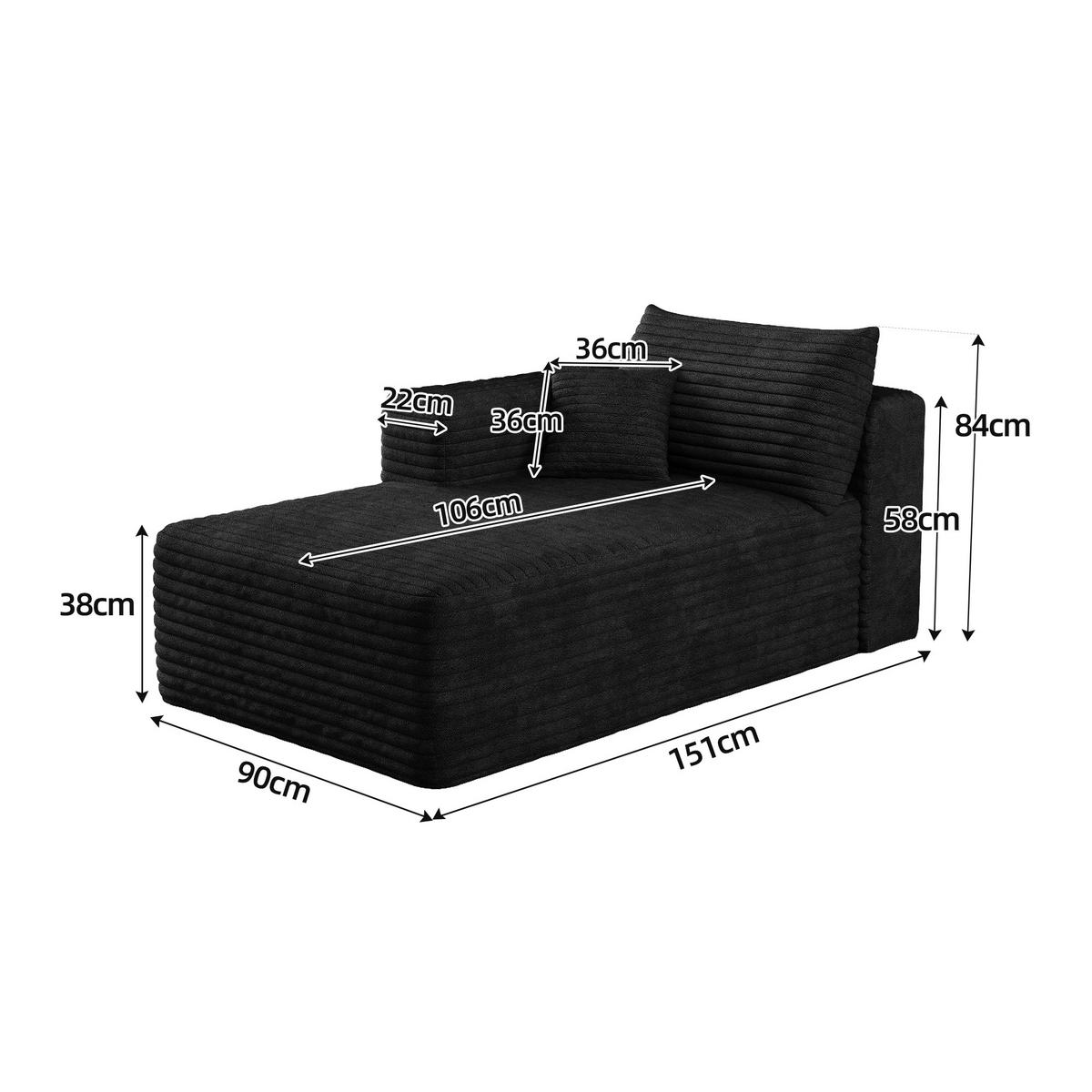 RÉCAMIERE DE-34736 rechte Chaiselongue mit Corduroy Schwarz - Schwarz, Textil (90/58/151cm) - ComfortXL
