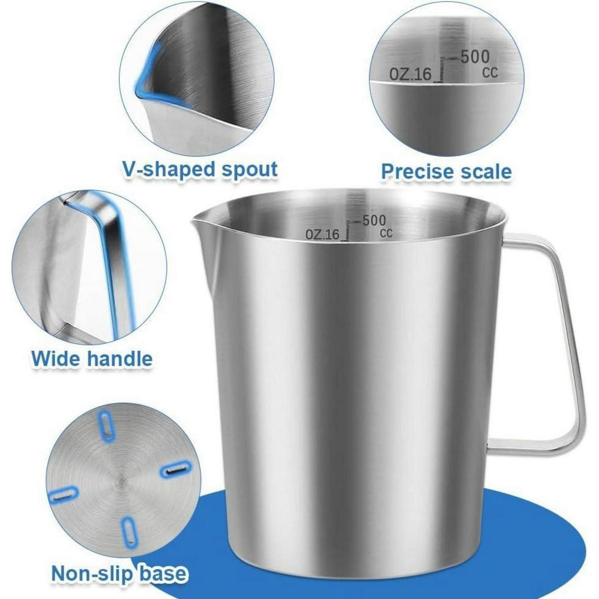 MESSBECHER Edelstahl 500ml mit Tropffreiem Ausguss und Feinskala - Silberfarben, Metall (0.5L)