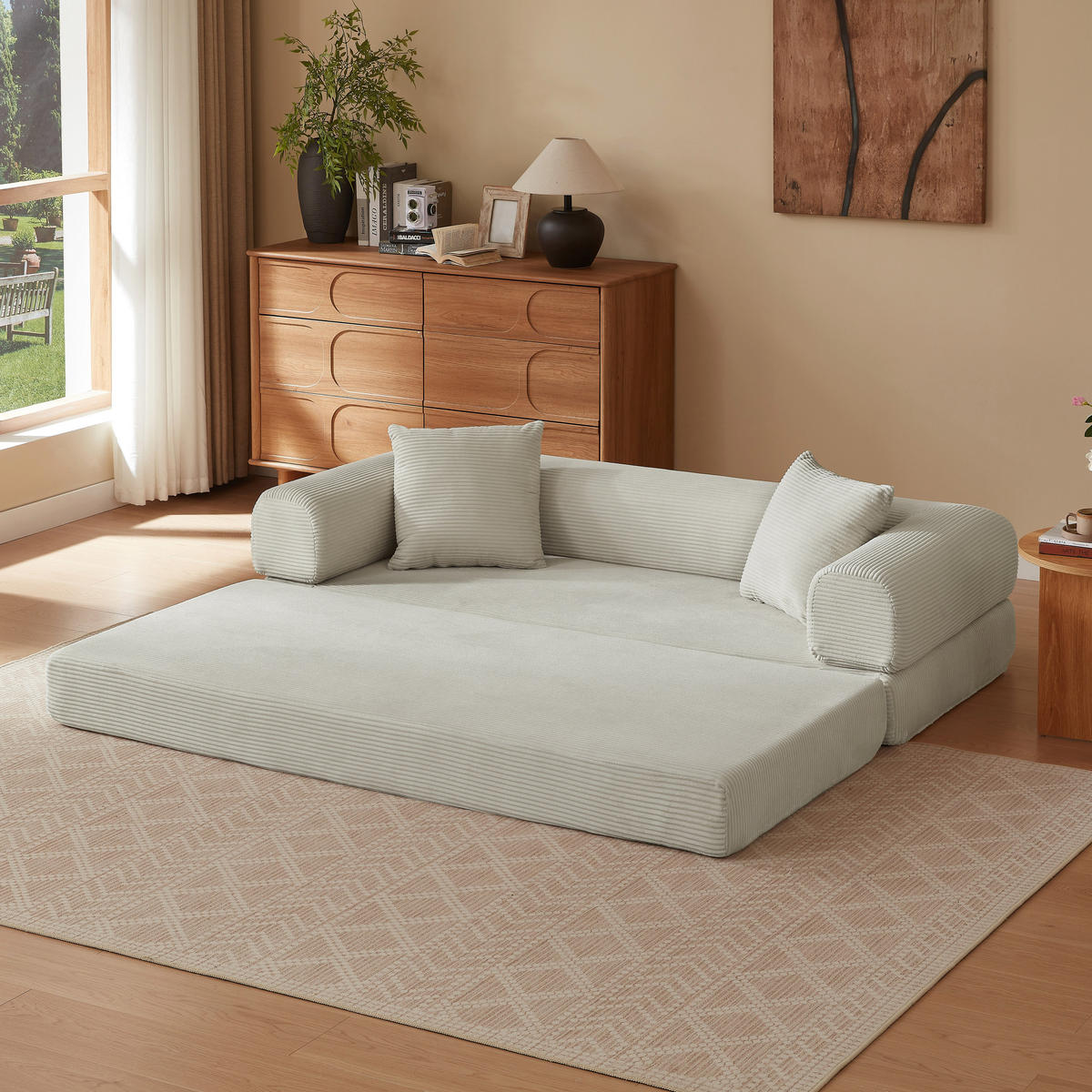 SCHLAFSOFA aus Cord in Beige 2-lagiges Design & zum Doppelbett ausklappbar - Beige, Textil (89/59/195cm) - Urban Meuble