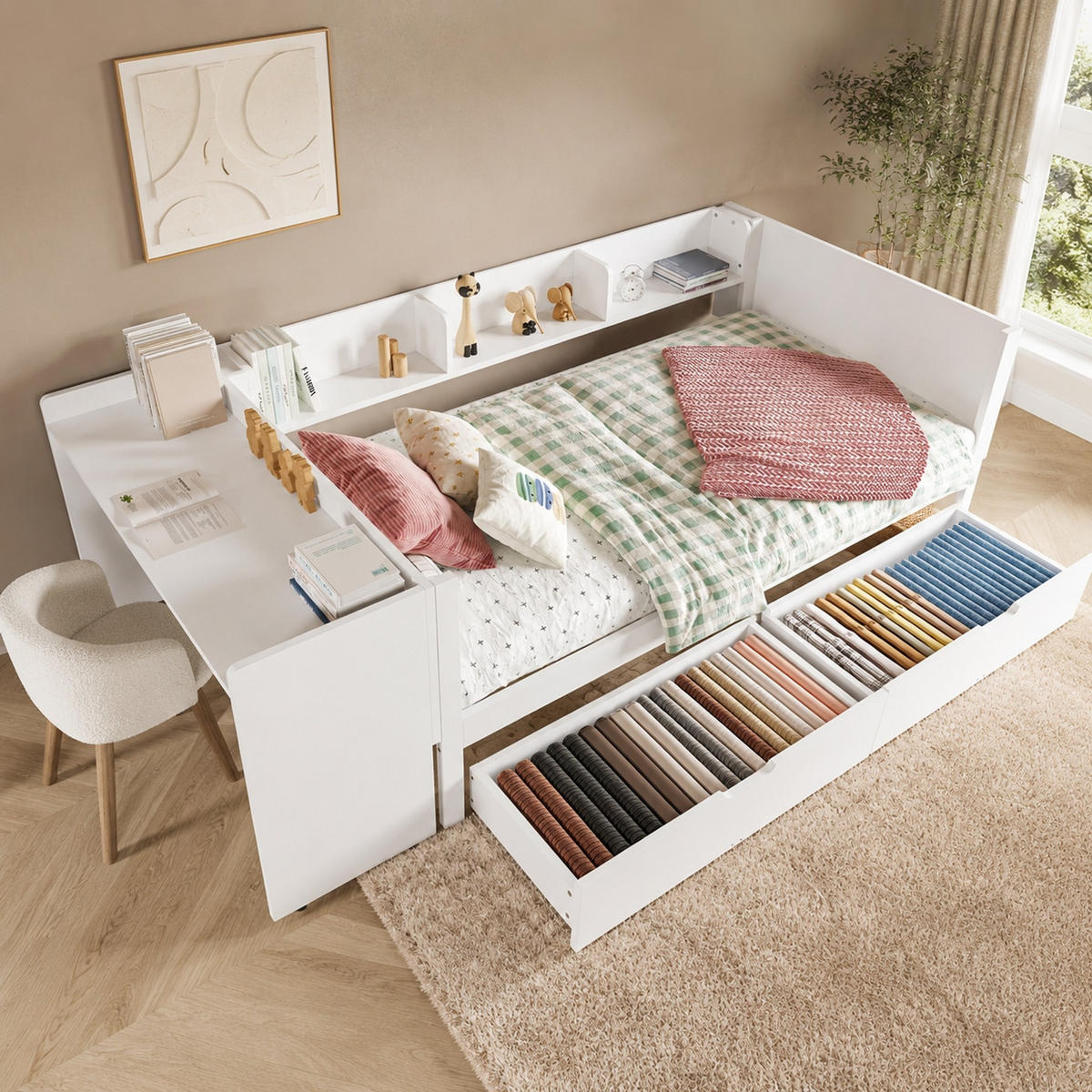 JUGENDBETT 90/200 mit Schreibtisch, Regalen, 2 Schubladen und Lattenrost in Weiß - Weiß, Holzwerkstoff (90/200cm) - EVRYAE