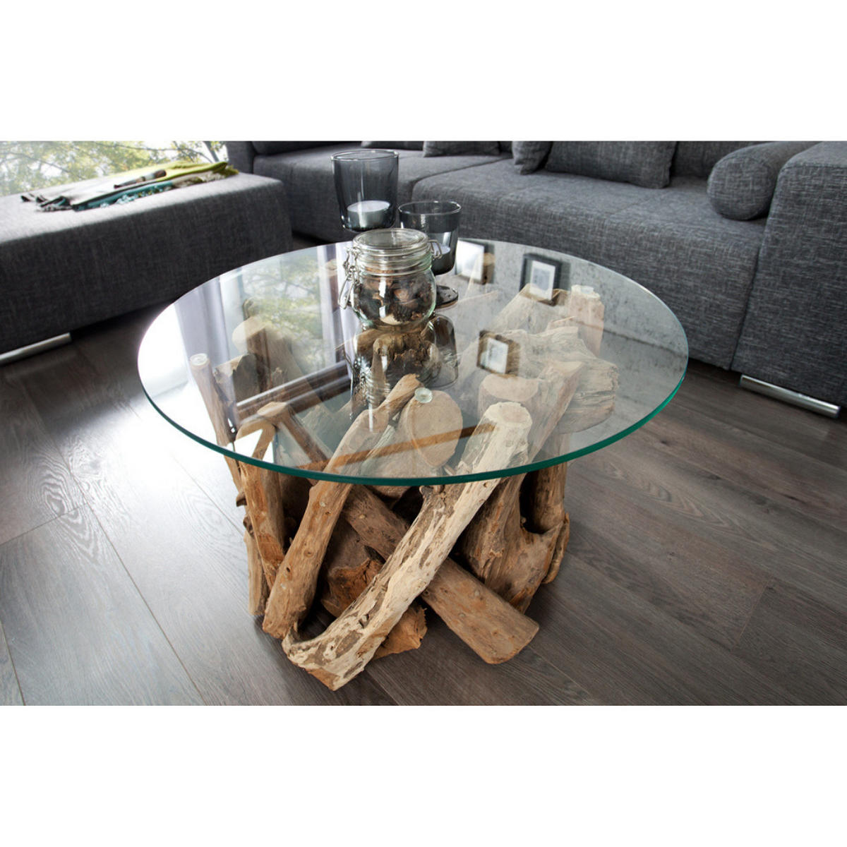 COUCHTISCH NATURE LOUNGE Teakholz rund 60cm - Transparent/Braun, Glas/Holz (60/60/40cm) - riess-ambiente