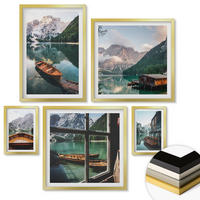WANDBILDER 5er Set - 50x50 cm & 20x30 cm & 40x60 cm Goldrahmen - See, Berge, Boote, Hütte, Fenster - Goldfarben, Kunststoff (40/60cm) - ArtPrintCave