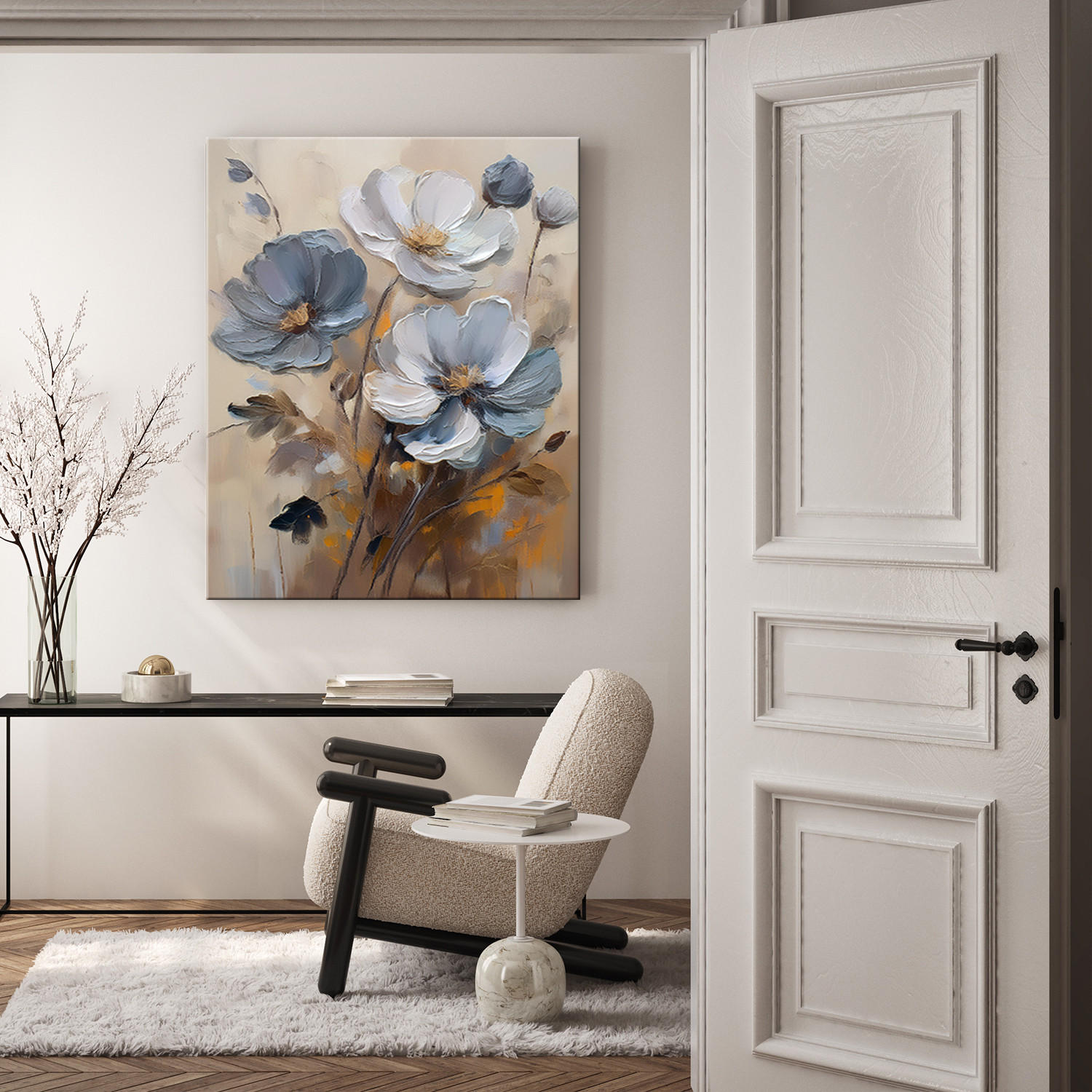 WANDBILD gemalte blume grau beige - Grau, Textil (40/60cm) - Feeby