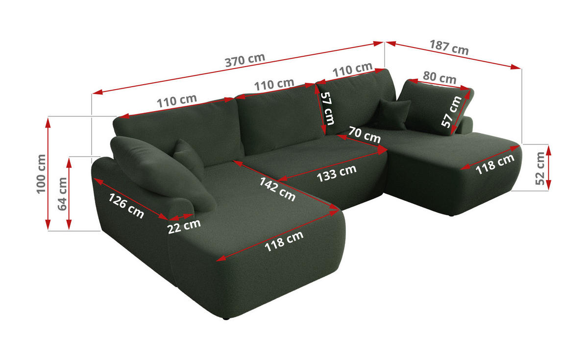 WOHNLANDSCHAFT CUBO U Dunkelgrün Boucle - Dunkelgrün/Schwarz, Kunststoff/Textil (370/100/187cm) - MKS
