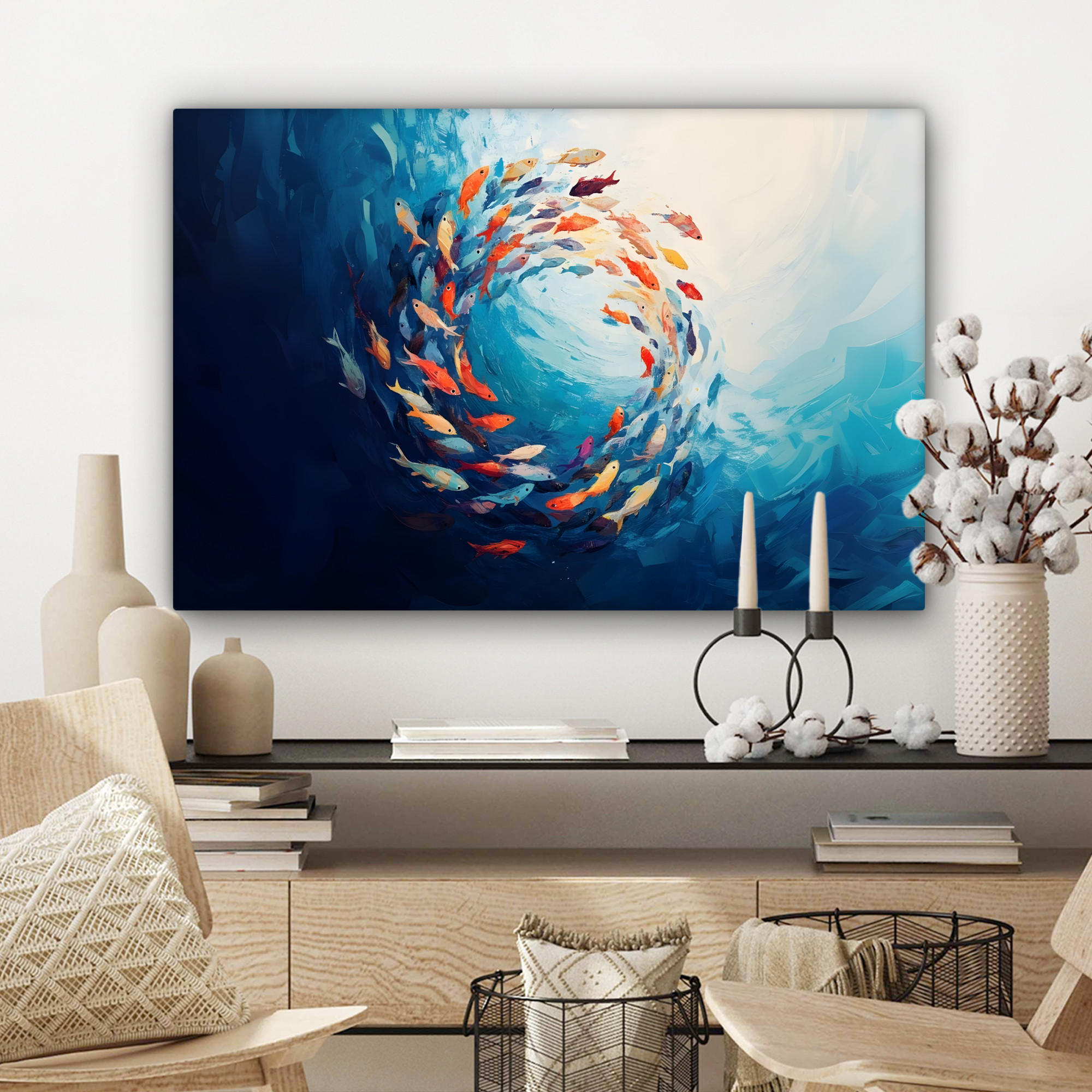 LEINWANDBILD Meer - Fische - Bunt - Dynamisch Gemälde 60x40 cm - Hellblau, Textil (60/40cm) - MuchoWow