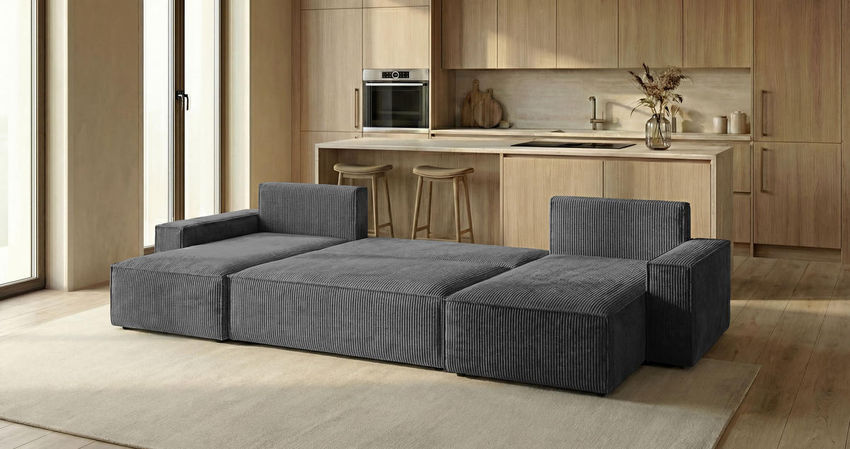 WOHNLANDSCHAFT CALIFORNIA MINI U-Form dunkelgrau Cord Poso 60 - Schlaffunktion, Bettkasten - Anthrazit, Textil (312/85/142cm) - Cornero