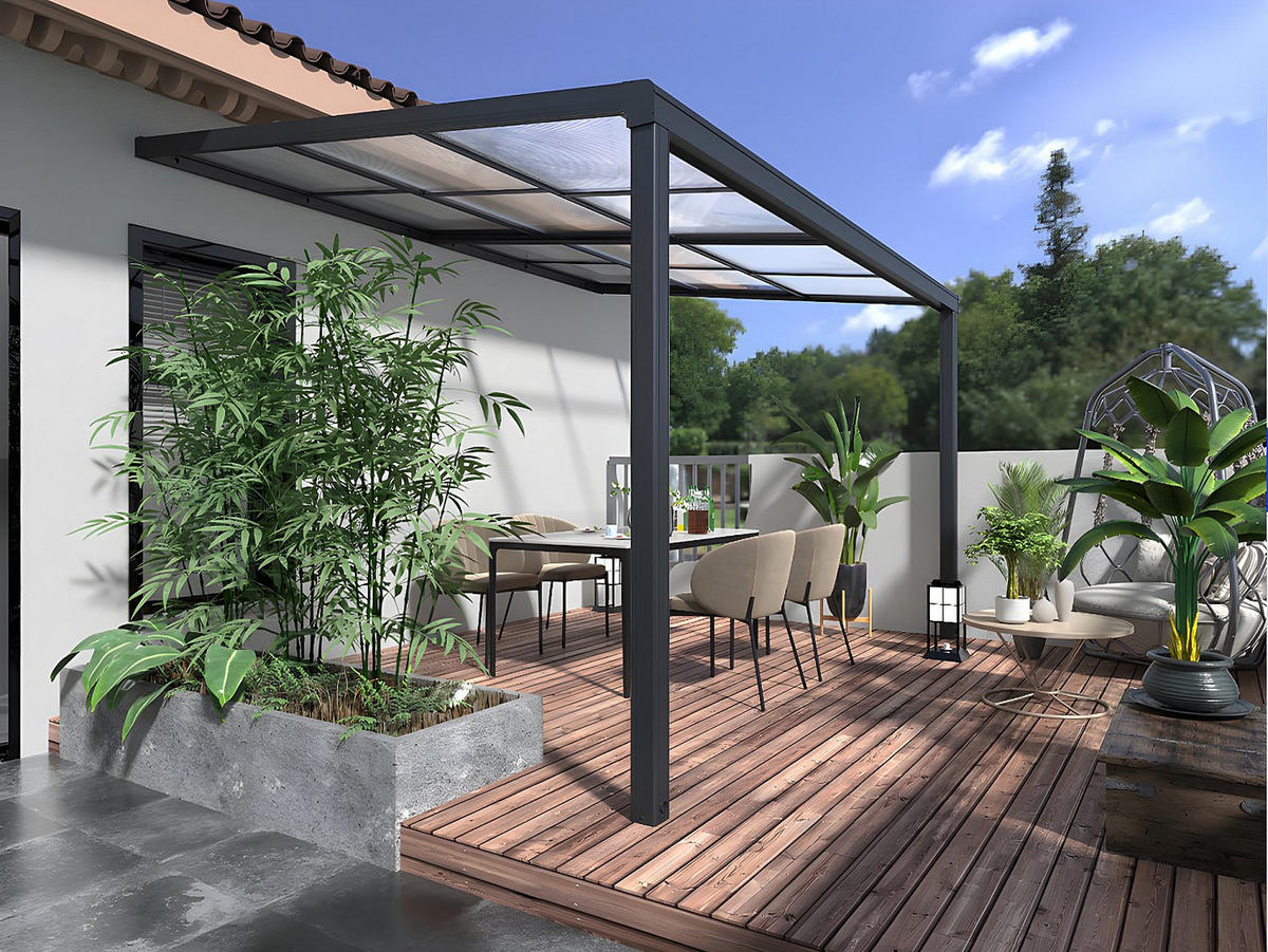TERRASSENDACH anlehnend aus Aluminium - Mit Schiebedach - 12 m² - Anthrazit - IZEDA - Anthrazit, Kunststoff (400/200/298cm) - Vente-Unique