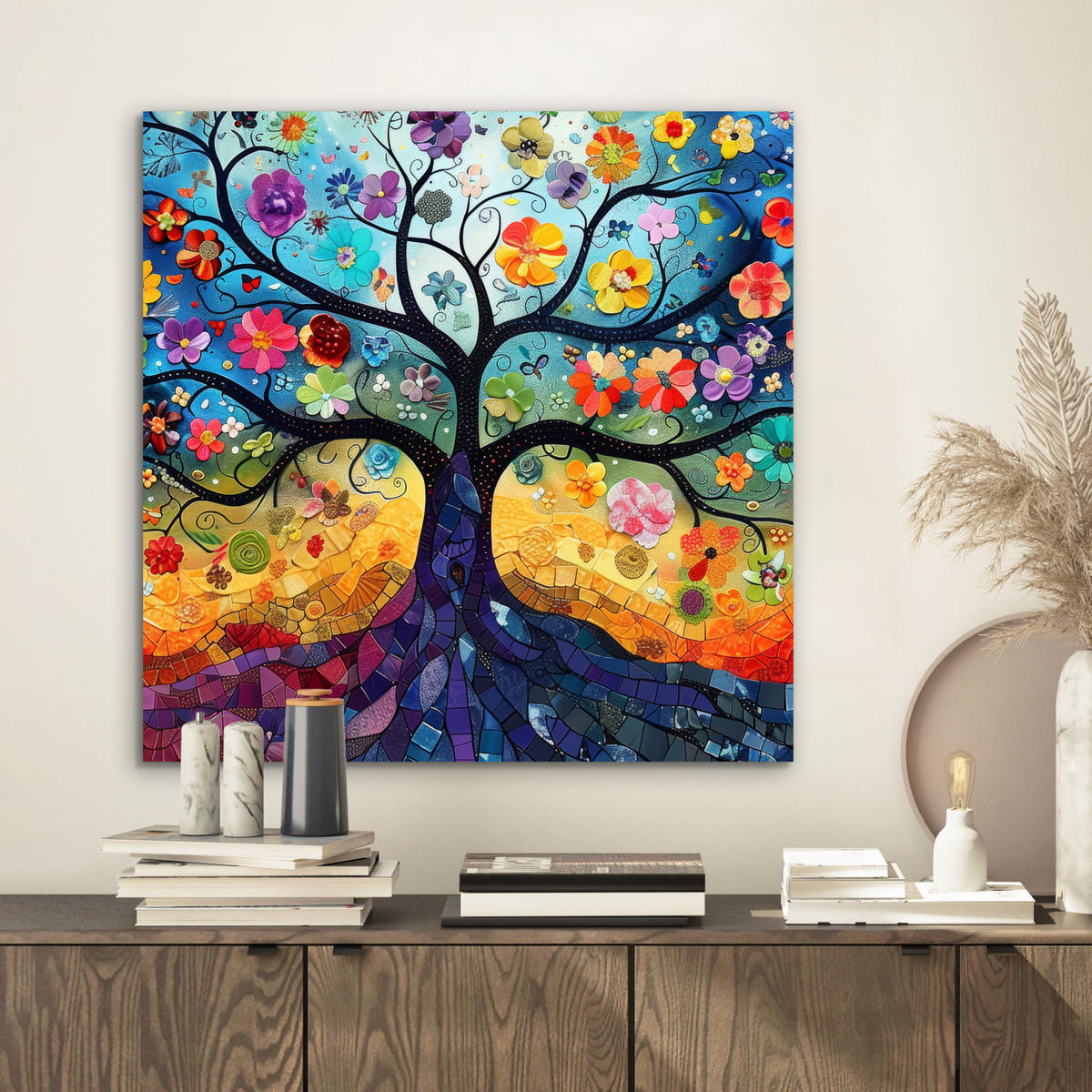 KOVOVÝ OBRAZ Umenie - Strom života - Kvety - Hippie 50x50 cm - tmavomodrá, kov (50/50cm) - MuchoWow