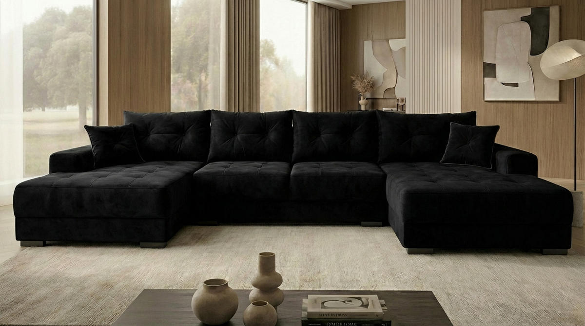 ECKSOFA MODENA 320 cm x 185 cm – Stoff: VELUTTO Schwarz 20 Farbe: Schwarz - Schwarz, Textil (320/185cm) - A&J MöbelLand