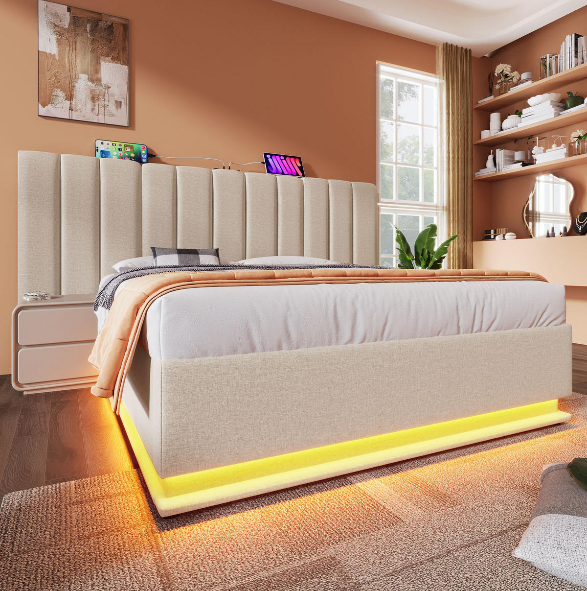 POLSTERBETT 160/200 cm Beige Stauraumbett mit App-Steuerung und USB-C Mit Matratze - Beige, Textil (160/200cm) - OKWISH